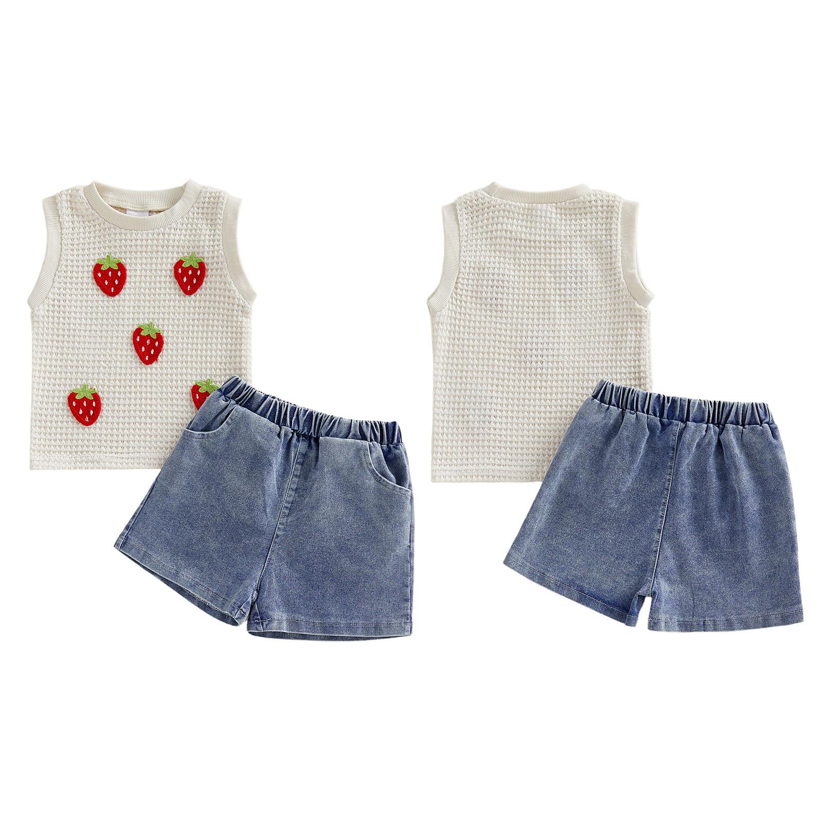 Toddler Girl Summer Fashion 3D Strawberry Top Denim Shorts Set Baby Y2K Clothes 2026 TikTok Trendy Play Outfit