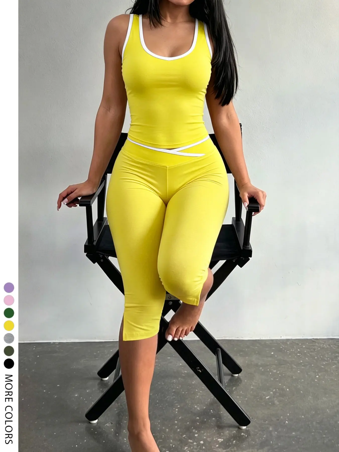 Lw Sherowear Y2K Women Multi Color Contrast Binding U Neck Ribbed Tank Crop Top, Cross Wrap High Waist Capri Pants Two Piece Outfit, Athleisure Outfit, Stretch Bodycon Sport Loungewear Matching Set for Club Date Daily Commute Summer Outfit