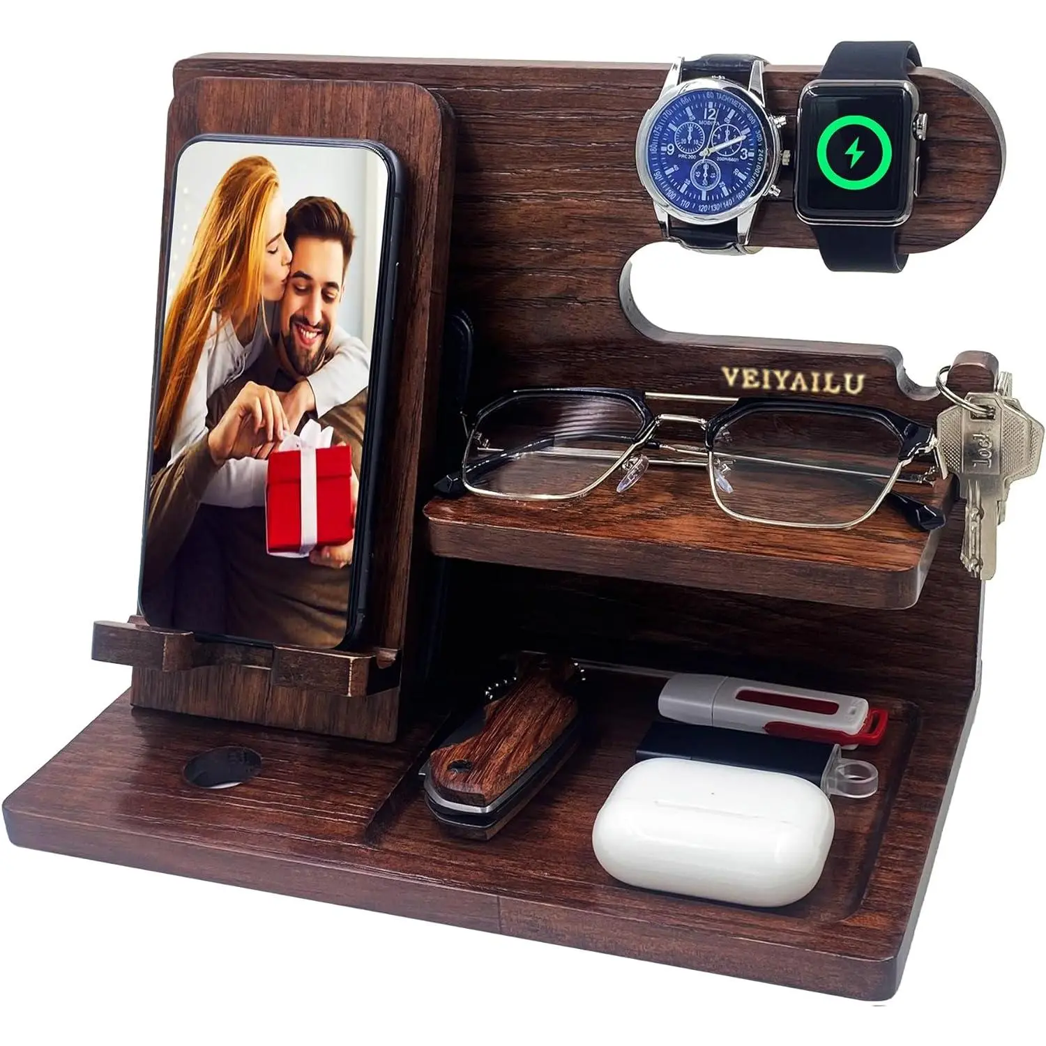 Gifts for Men Women Brother Boss Boyfriend Him Nightstand Organizer Gifts for Dad from Daughter Son Wood Phone Docking Station (Dark Brown)