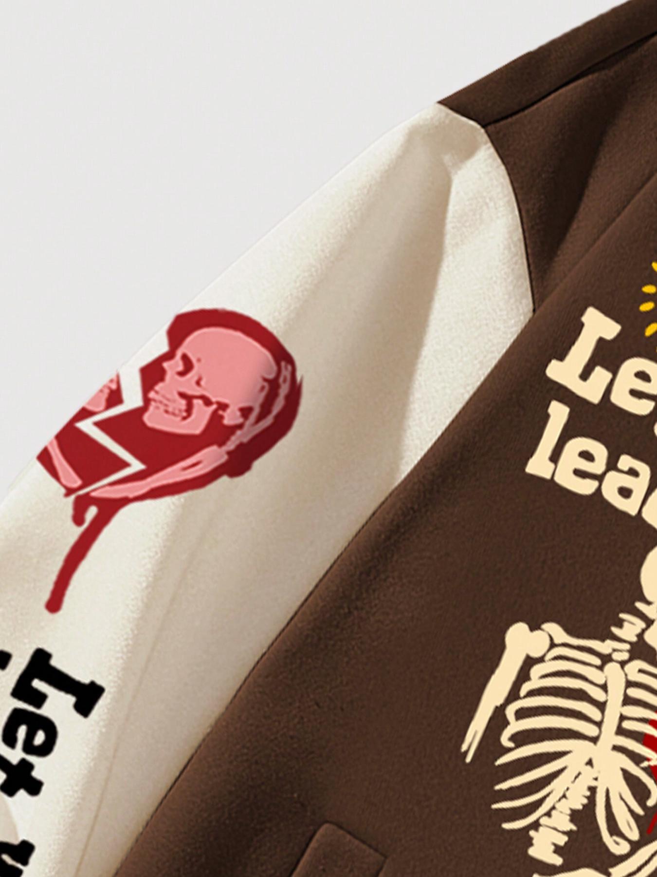 Men's Colorblock Letter & Skeleton Print Baseball Collar Jacket, Loose Casual Fashion Comfy Outerwear for Daily Outdoor Wear, Men Cloths for Fall & Winter