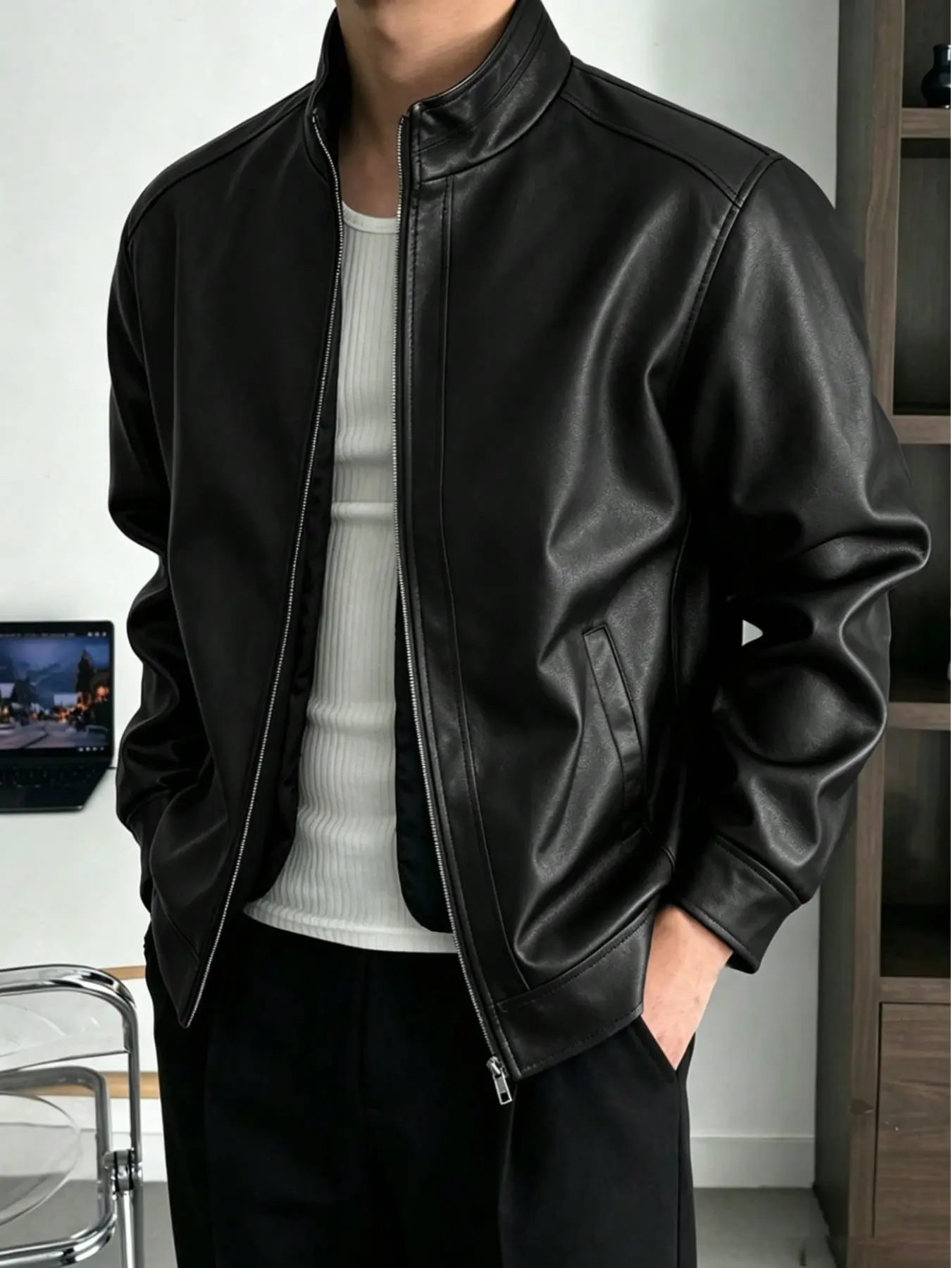 Men's Stand Collar Solid Color PU Leather Jacket, Spring & Fall Versatile Slim Fit Casual Coat, Outerwear for Men