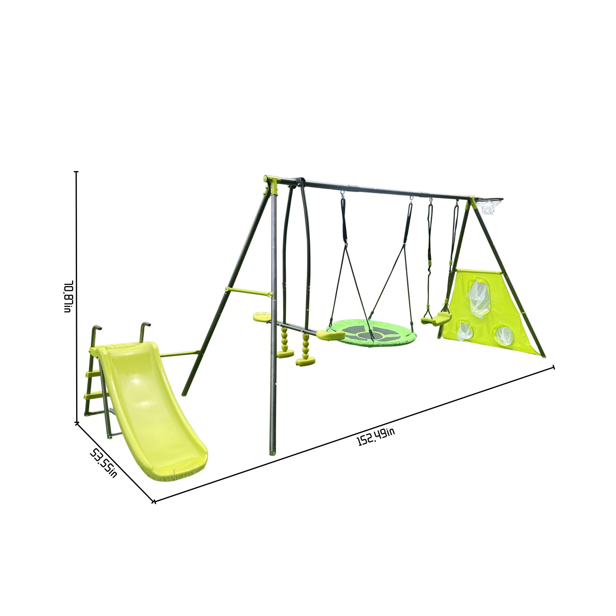 ARCH XNS052 green and blue interesting six function swingset with net swing metal plastic safe swing set 440lbs for outdoor playground for age 3+ with 31.5in net swing