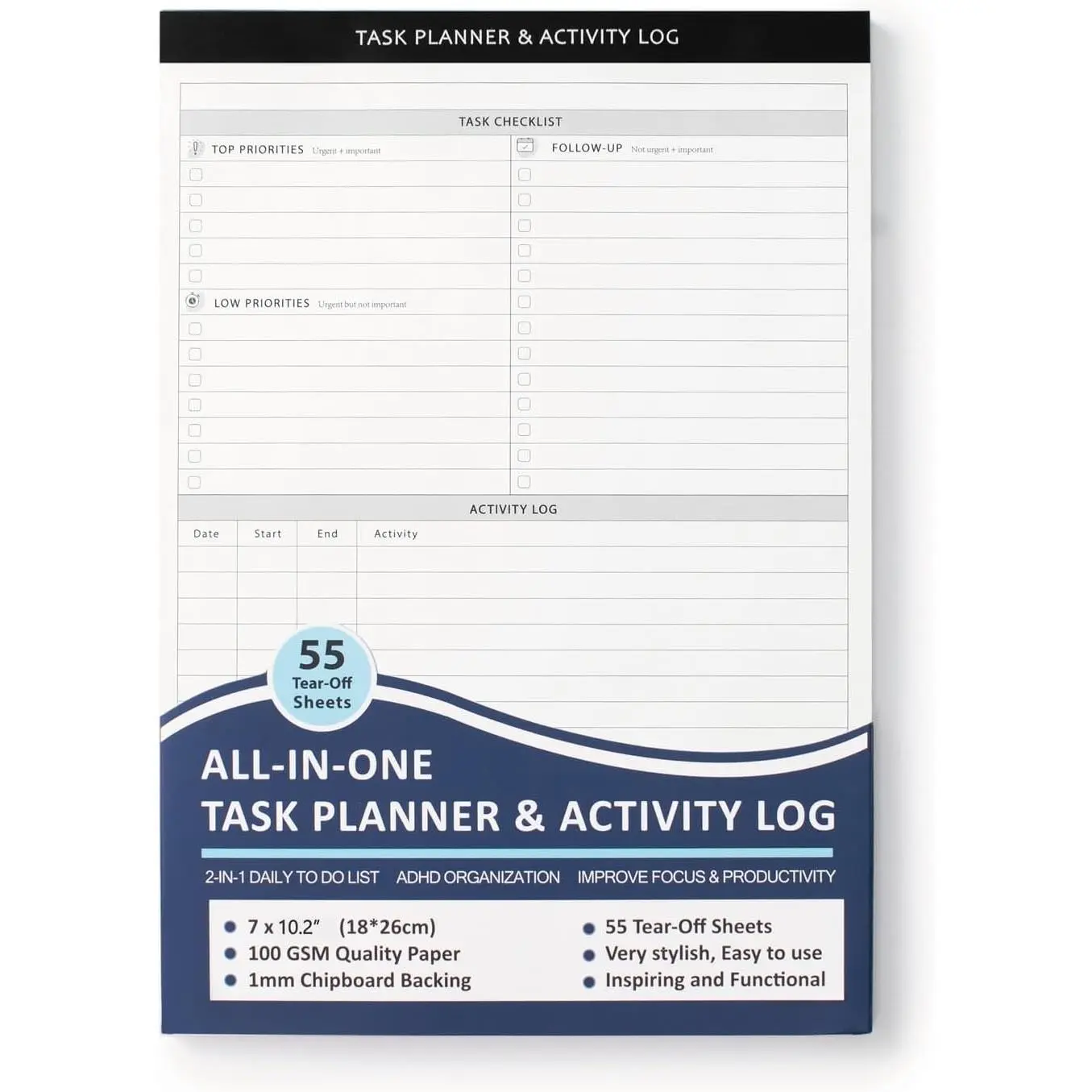 Daily Task Planner & Activity Log Notepad for  Focus – 55 -Off Sheets (7x10.2in), Undated  & Hourly Time  for Office Work, Project Management & Boosting Productivity
