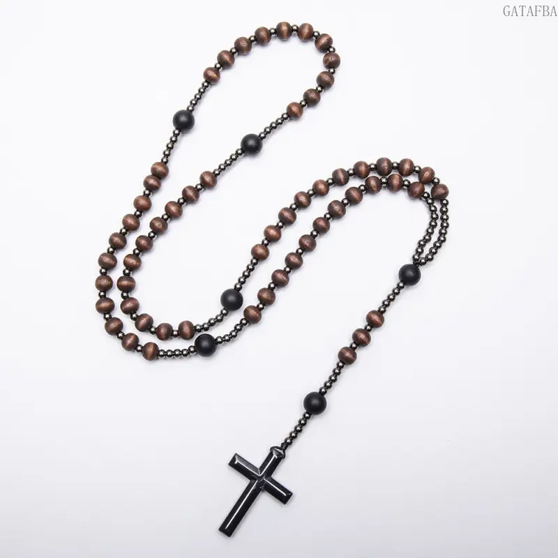 Women's Long Rosary Necklace - Female Religious Jewelry with Natural Wood, Hematite Beads, Black Gallstone Bead & Cross Pendant, Daily Worship Church Gift Accessory