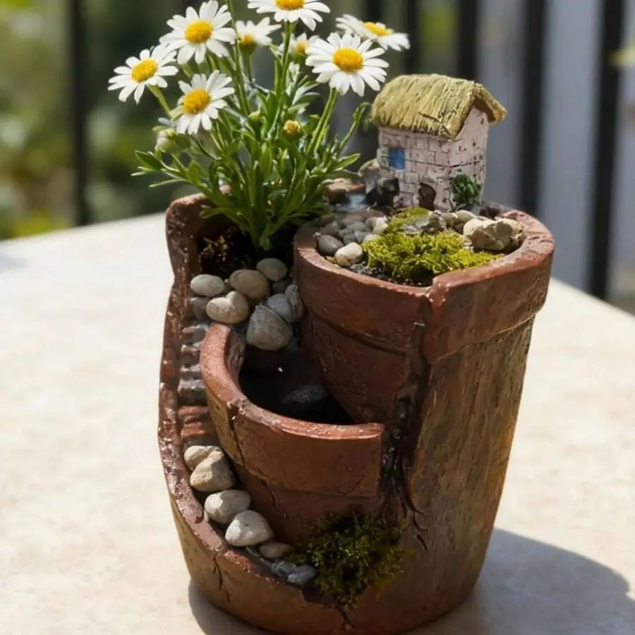 Rustic Multi-Tier Fairy Garden Planter, Mini Cottage House, Resin Flower Pot, Succulent Bonsai Container, Indoor Outdoor Decor, Sculptural Planter