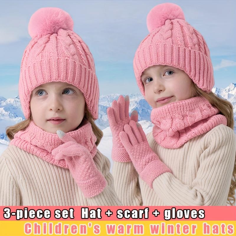 3pcs Winter Warm Hat, Gloves & Scarf Set - Soft Stretchable -like Ear Protection Outfit with Pink Bow-like Pom-Poms, Beige//Gray Color Options for Boys & Girls (Ages 3-8) - Hand Washable Cold Weather