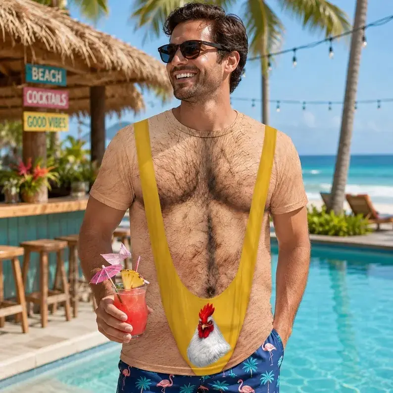 Men's 3D Hairy Chest Graphic Chicken Sports Top - Personalized Hilarious Novelty Costume Tee, Tropical Denim Shorts Swim-Themed Halloween & Christmas Gift, Breathable