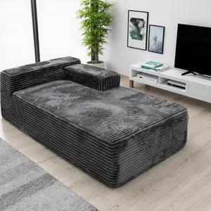 Dark Grey Vertical Ribbed Plush Corduroy Left-Arm Chaise Lounge Sofa, Oversized Square Block Modular Daybed, Soft Fuzzy Free Combination Convertible Sectional Module for Living Room, Bedroom Nook, Apartment & Small Space Leisure Furniture