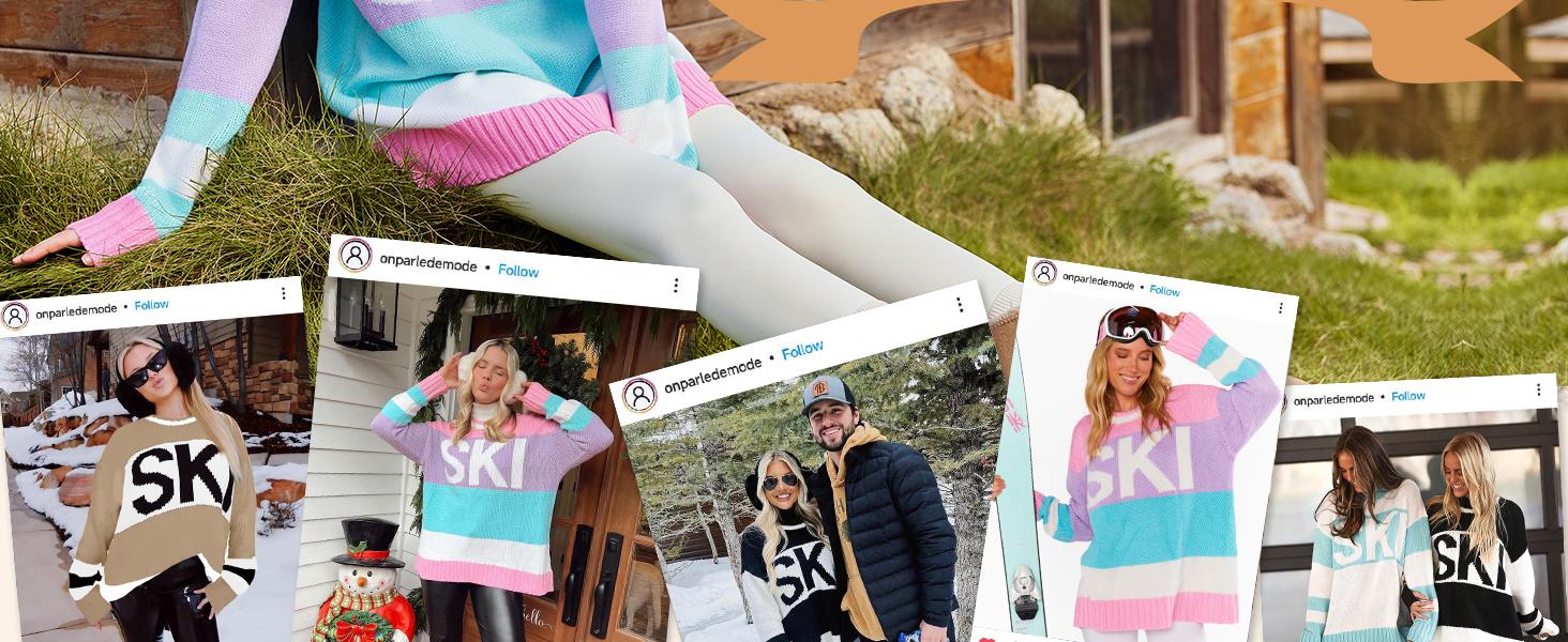 Yousify Womens Sweaters Fall 2024 Oversized Color Block Ski Sweater Crewneck Winter Tops S-2XL