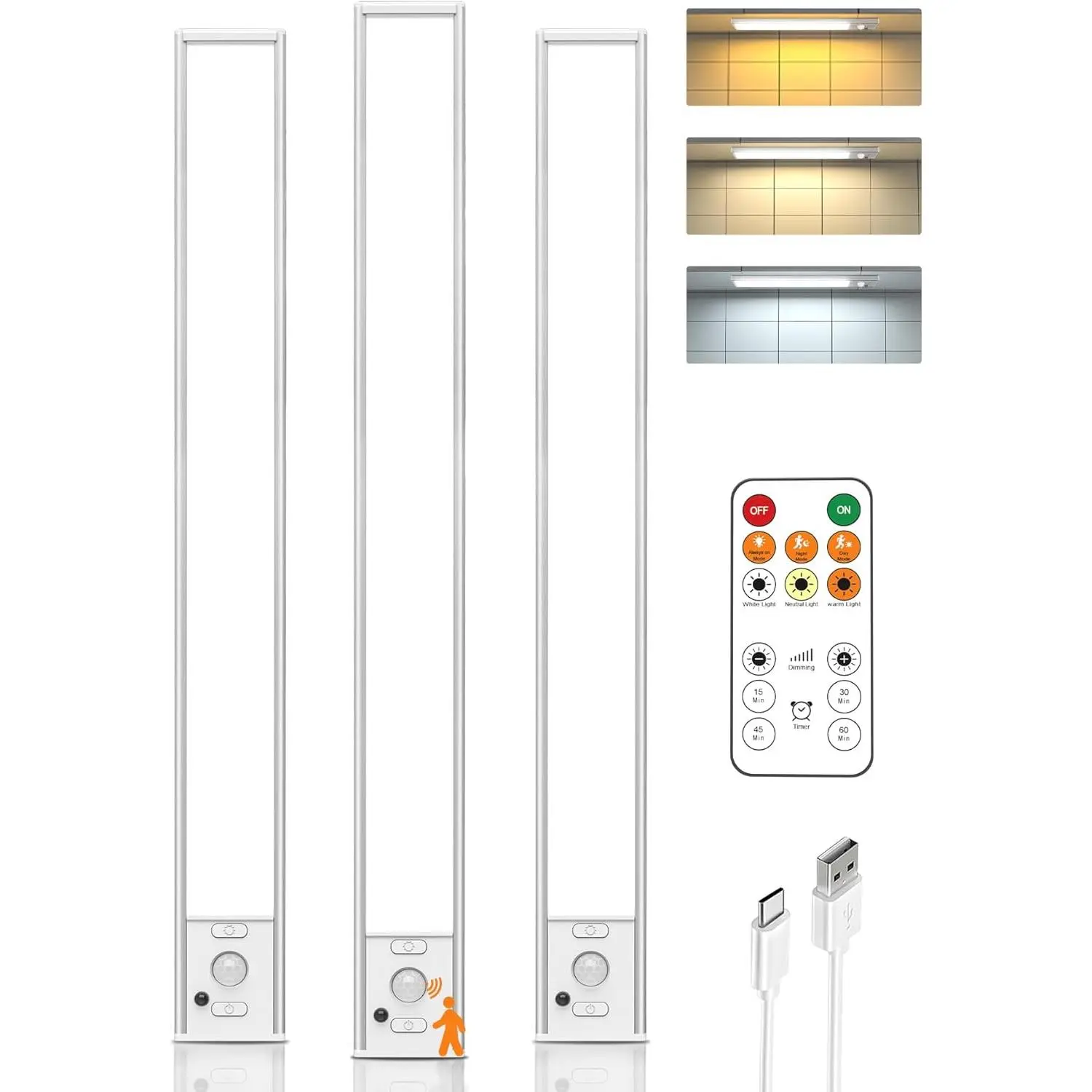 16in Under Cabinet Lighting with Remote, LED Motion Sensor Light Indoor, Rechargeable Closet Lights Wireless, Dimmable, 3 Color Temps, Magnetic Under Counter Lights for Kitchen, Pantry, Stair, 3 Pack