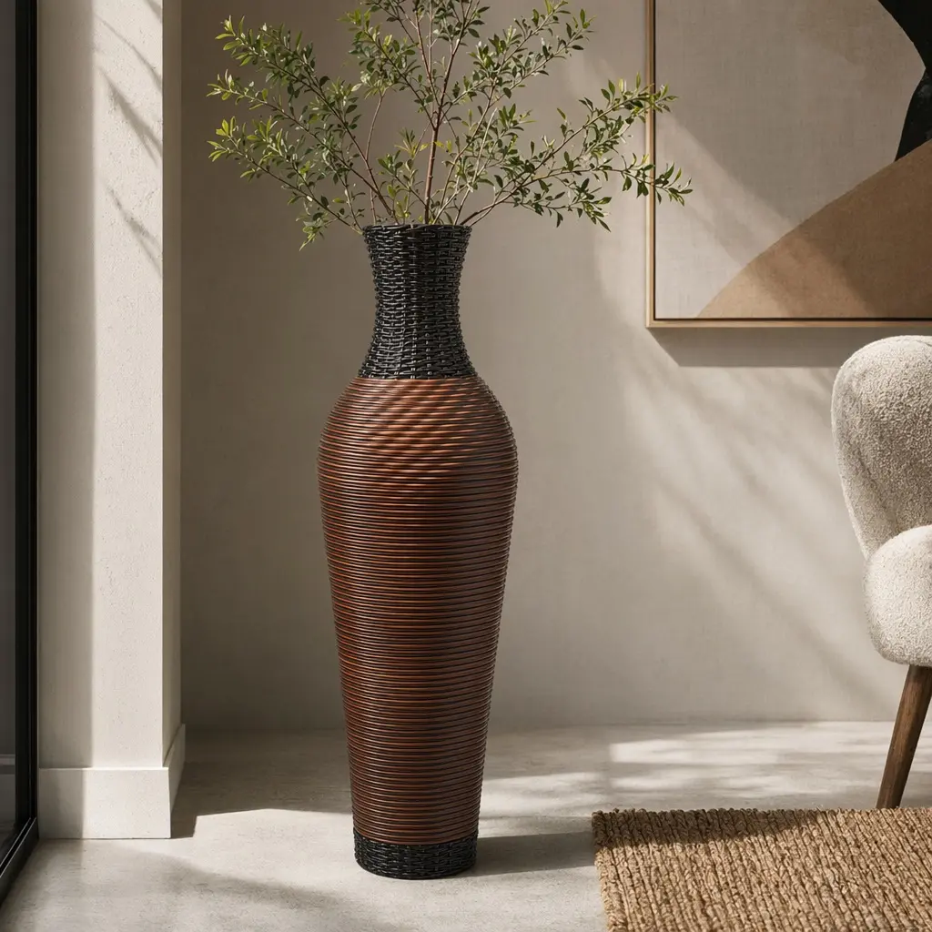 39in Tall Hand-Woven PVC Rattan Floor Vase, 5.5in Top Diameter, Black Gray Weave Texture, Farmhouse Home Decor for Living Room, Entryway, Office
