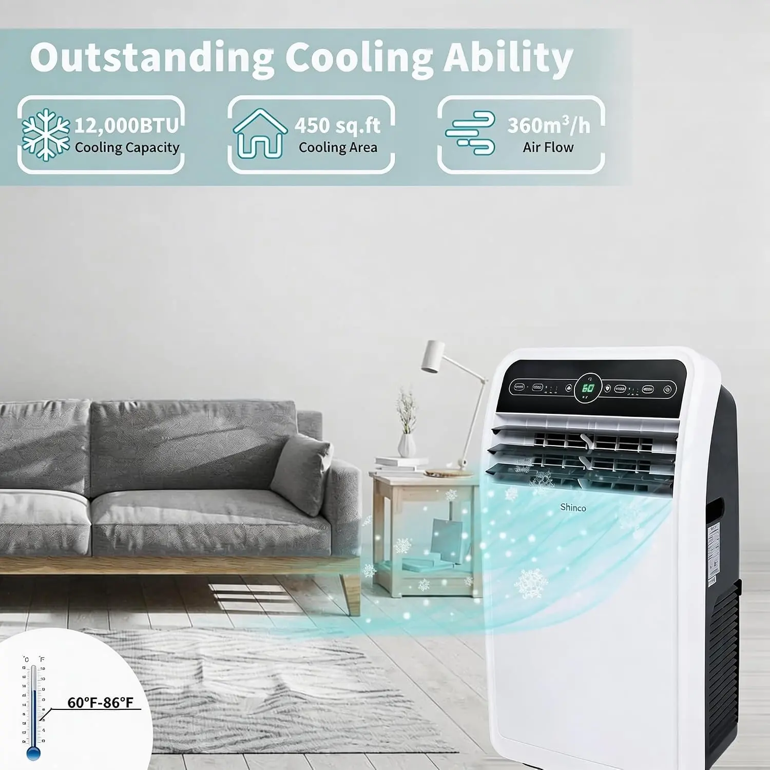 Shinco 12,000 BTU(7,500 BTU SACC) Portable Air Conditioner, Portable AC Unit with Built-in Cool, Dehumidifier&Fan Modes for Room up to 450 sq.ft, with Remote Control, 24 Hour Timer, Installation Kit