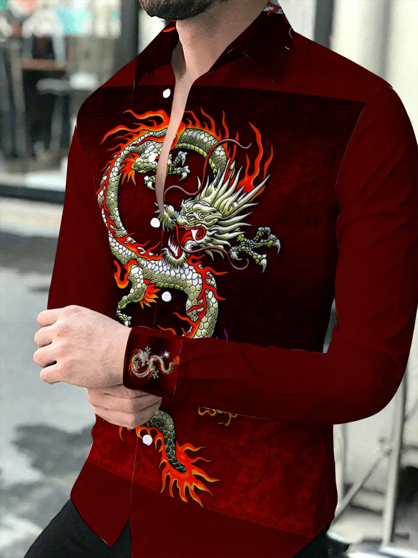 Men's Stylish Dragon Pattern Long Sleeve Collared Shirt, Wine Red Base with Domineering Flame Dragon Totem Design, Cuffs Echo Dragon Pattern Elements, Fashionable Chinese Style Trendy Daily Casual Top, Printed Party Activewear for