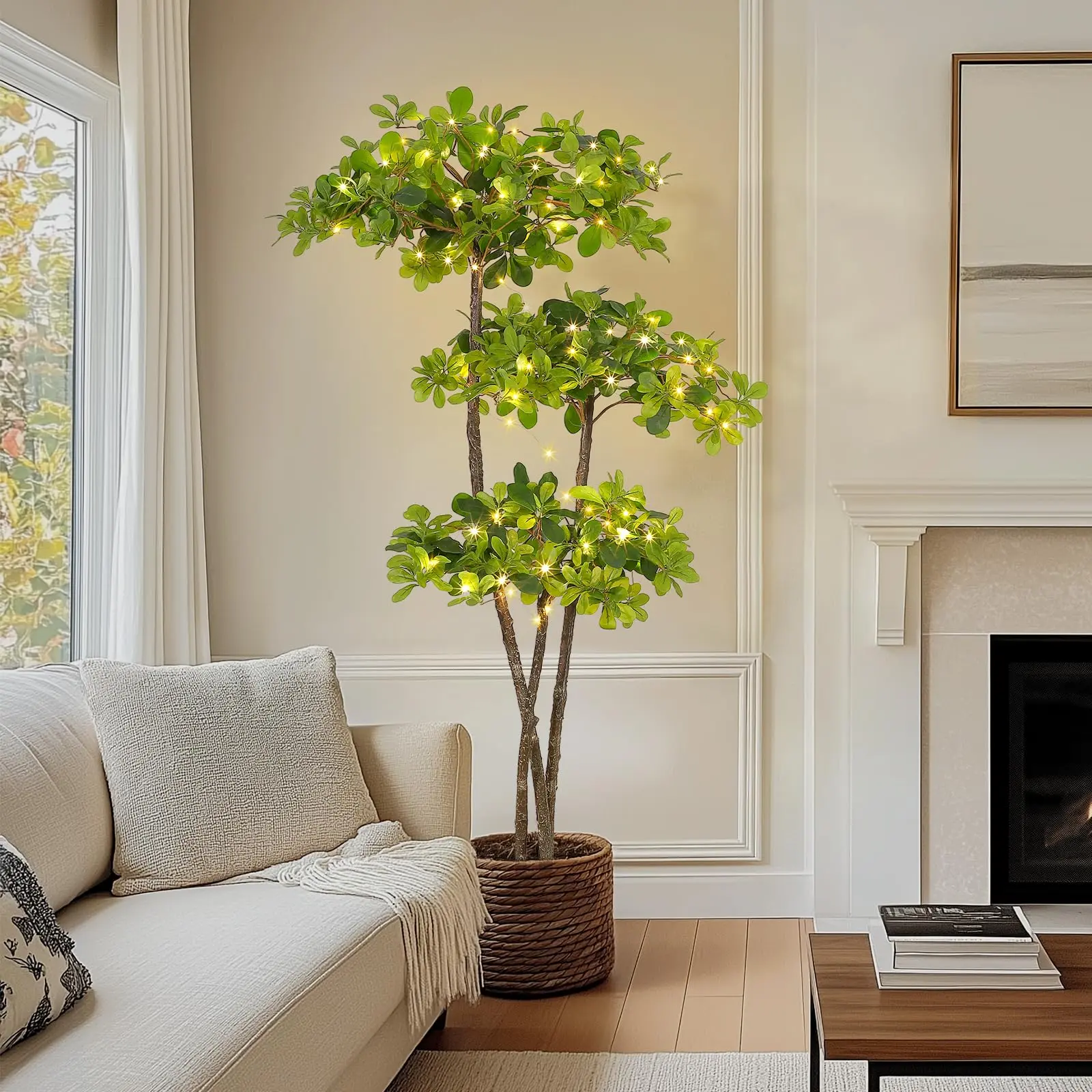 5/6 FT Pre-Lit Artificial Black Olive Tree, Tall Fake Indoor Plant with Plastic Nursery Pot, Decorative Faux Tree for Living Room, Office & Home Decor