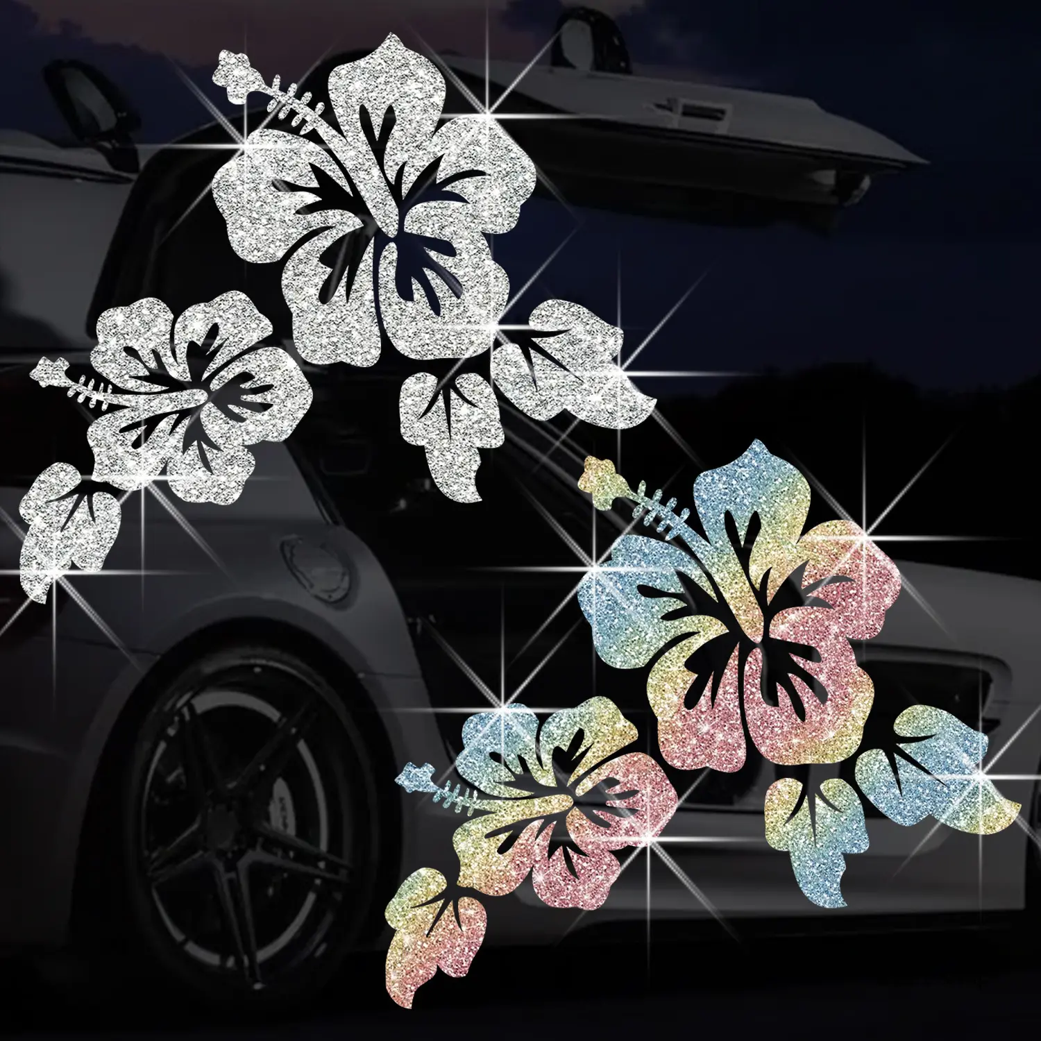 Glitter Hibiscus Car Stickers Waterproof Self-Adhesive Tropical Vinyl Decals Rainbow Silver Auto Window Body Laptop Decoration Hawaiian Gift Set