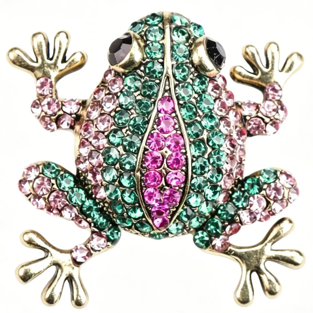 Colorful Rhinestone Frog Brooch Vintage Metal  Sparkling Stones Fashion Jewelry Accessory Fun Animal Pin Matches Velvet Jackets