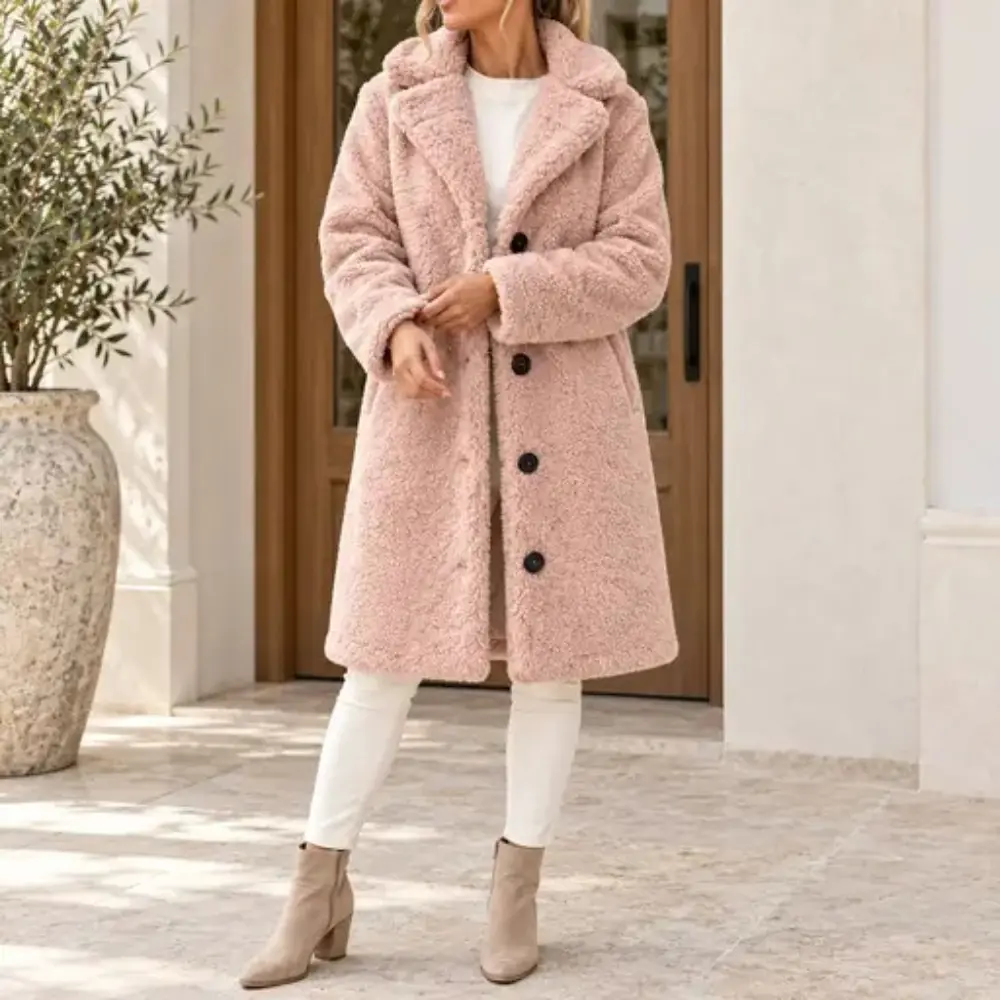 Trendy Women's Teddy Coat, Knee-Length Sherpa Fleece Outerwear with Notched Lapel, Button Front, Womenswear Long Sleeves and Relaxed Fit for Fall Winter Everyday Layering