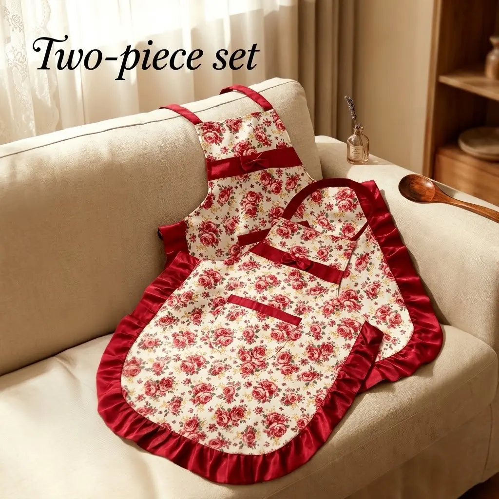 2 Pack Women's Halter Apron, Simple Red Print, Large Pockets, Ruffle Trim, Water-Resistant & Practical, for Kitchen, Dining Room & Bedroom, women's apron, halter apron, cute apron, red apron, ruffle apron, waterproof apron, kitchen apron sohochic