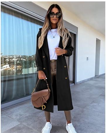 Women's Long Coat Notched Lapel Collar Double Breasted Pea Coat Winter Elegant Wool Blend Over Coats Jackets