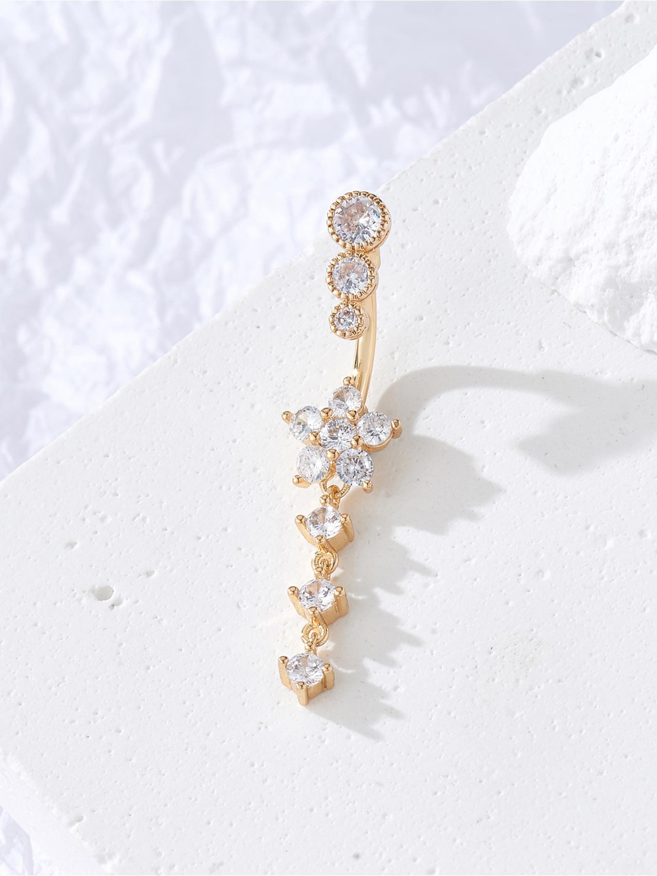 Flower Design Belly Ring, Elegant Rhinestone Decor Belly Piercing Jewelry for Women, Chic Body Jewelry, Fashion Accessories for Party, Daily Clothing Decor