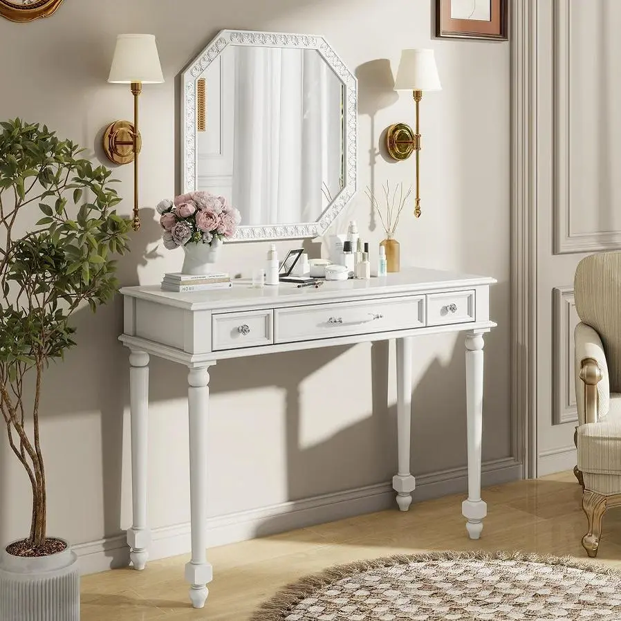 Modern Luxury Large Octagon Mirror Wood Makeup Vanity Desk - Cushioned Stool, 3 Drawers, Carved Accents, Jewelry Storage Plate, Vanity Organization - Requires Assembly Bedroom Indoor Furniture, Bathroom, Dream Vanity,table,light,,blackfriday,fabri,fold-up