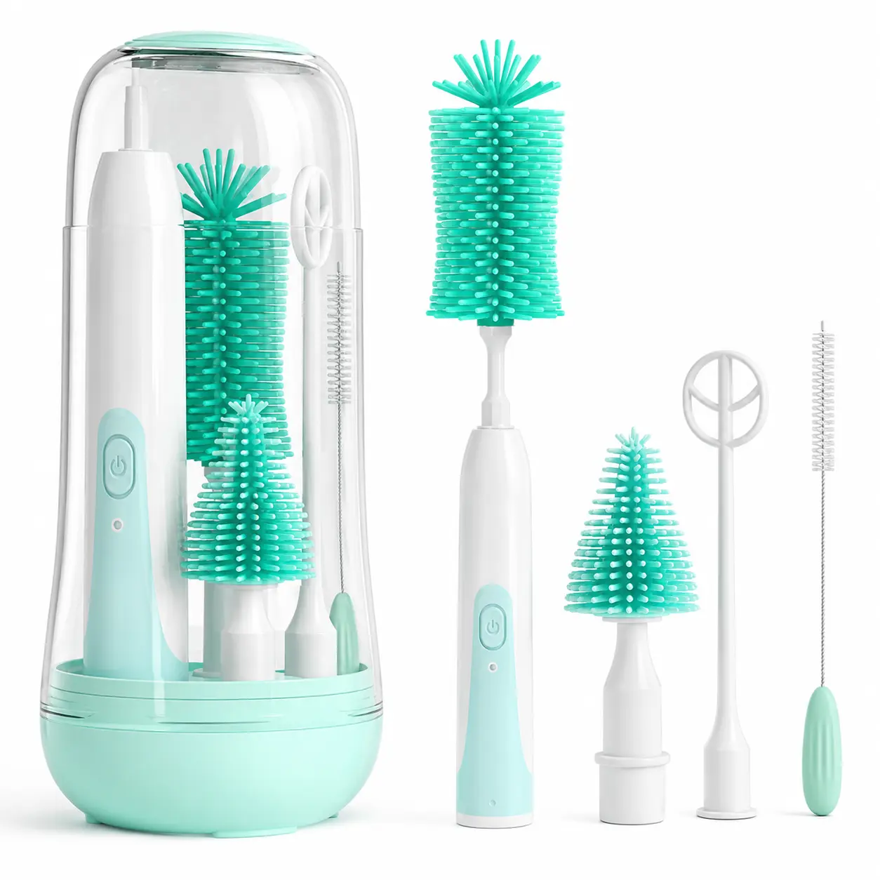 7-in-1 Electric Baby Bottle Brush Cleaner, Rechargeable Silicone Cleaning Kit with Nipple and Straw Brushes, Drying Rack and Storage Box for Travel