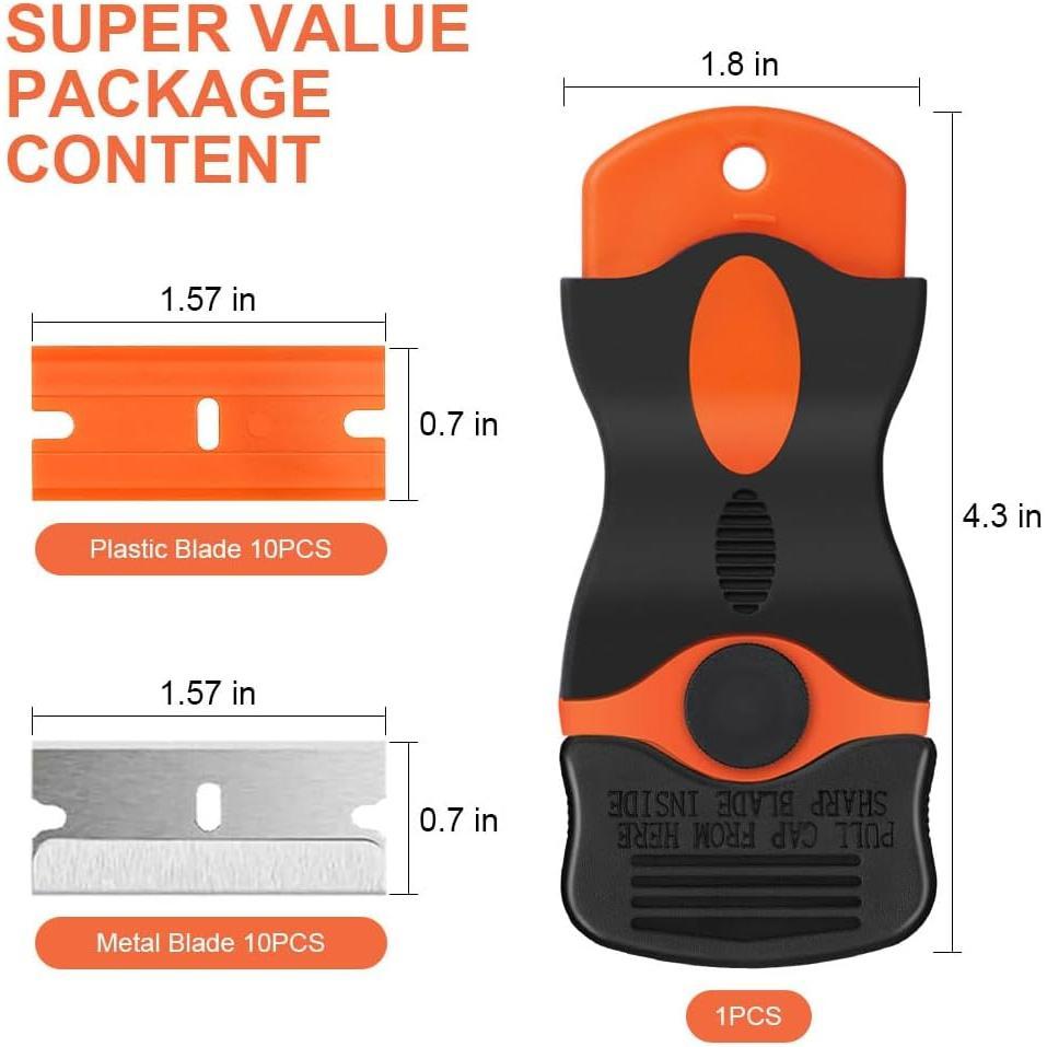 Razor  Scraper, 2-in-1 Scraper Tool with 10 count Metal  and 10 count Plastic , Multi-funtional Cleaning Razor Scraper for Stickers, Labels, Caulk, Adhesive,  Removal (2 Pack)
