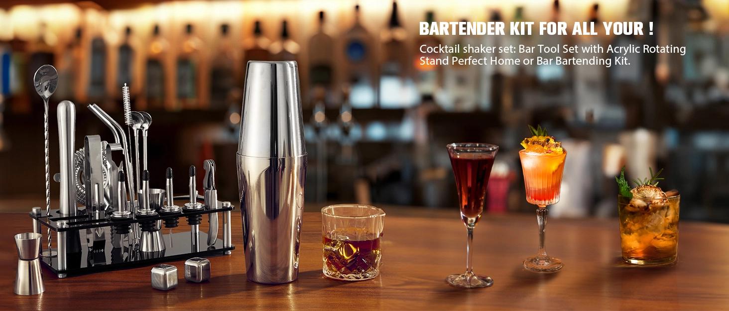 THE WELL KEPT Cocktail Shaker Set, 23-Piece Boston Stainless Steel Bartender Kit with Acrylic Stand & Cocktail Recipes Booklet, Professional Bar Tools for Drink Mixing, Home, Bar, Party (Include 4 Whiskey Stones) Utensils