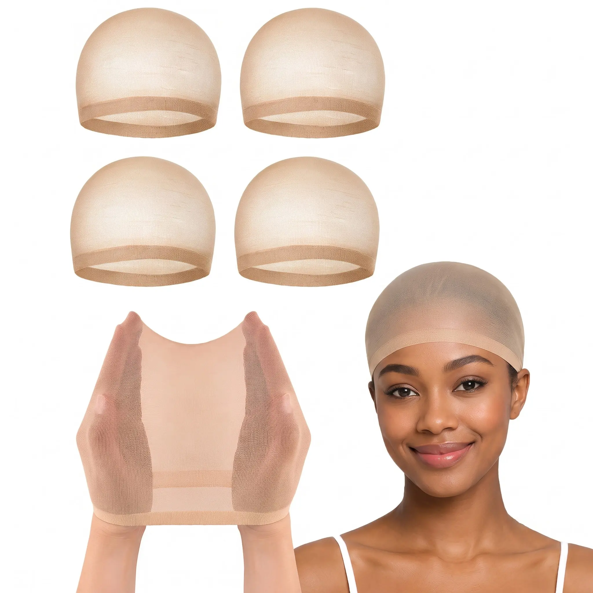 16 Pcs Breathable Stretchy Wig Caps for Women, Invisible Nylon Stocking Caps with Secure Elastic Band, Nude Hair Nets for Wigs