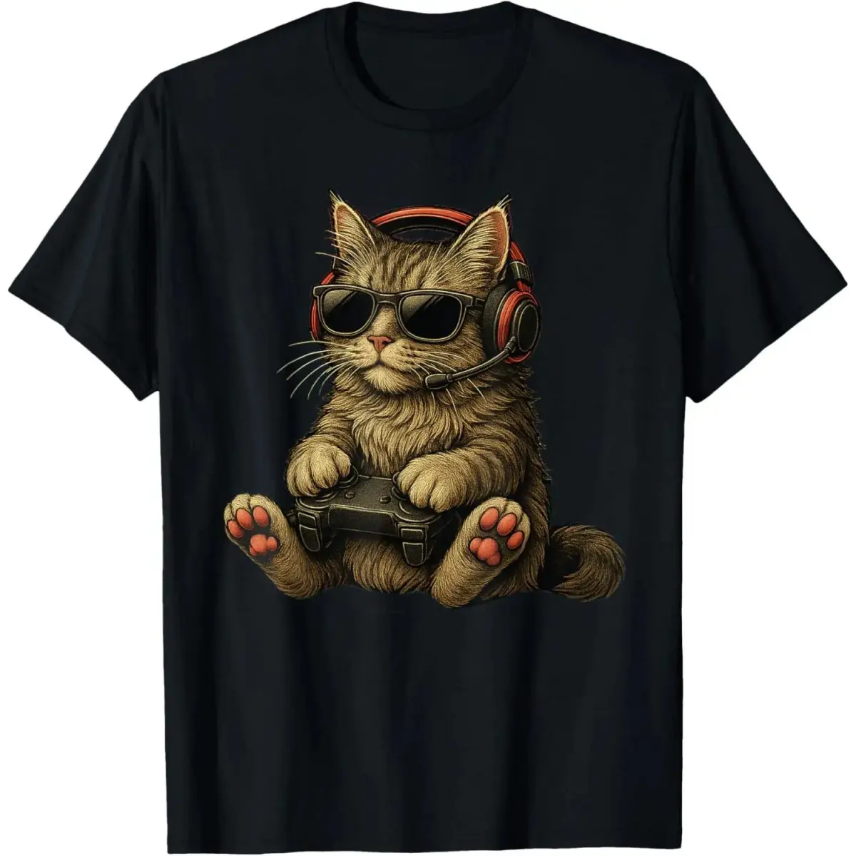 Shortsleeve Casual Cotton Round Neck Sports Tee - Soft, Breathable Vintage Gaming Graphic Tshirt with Playful Kitten Playing Video Games Design