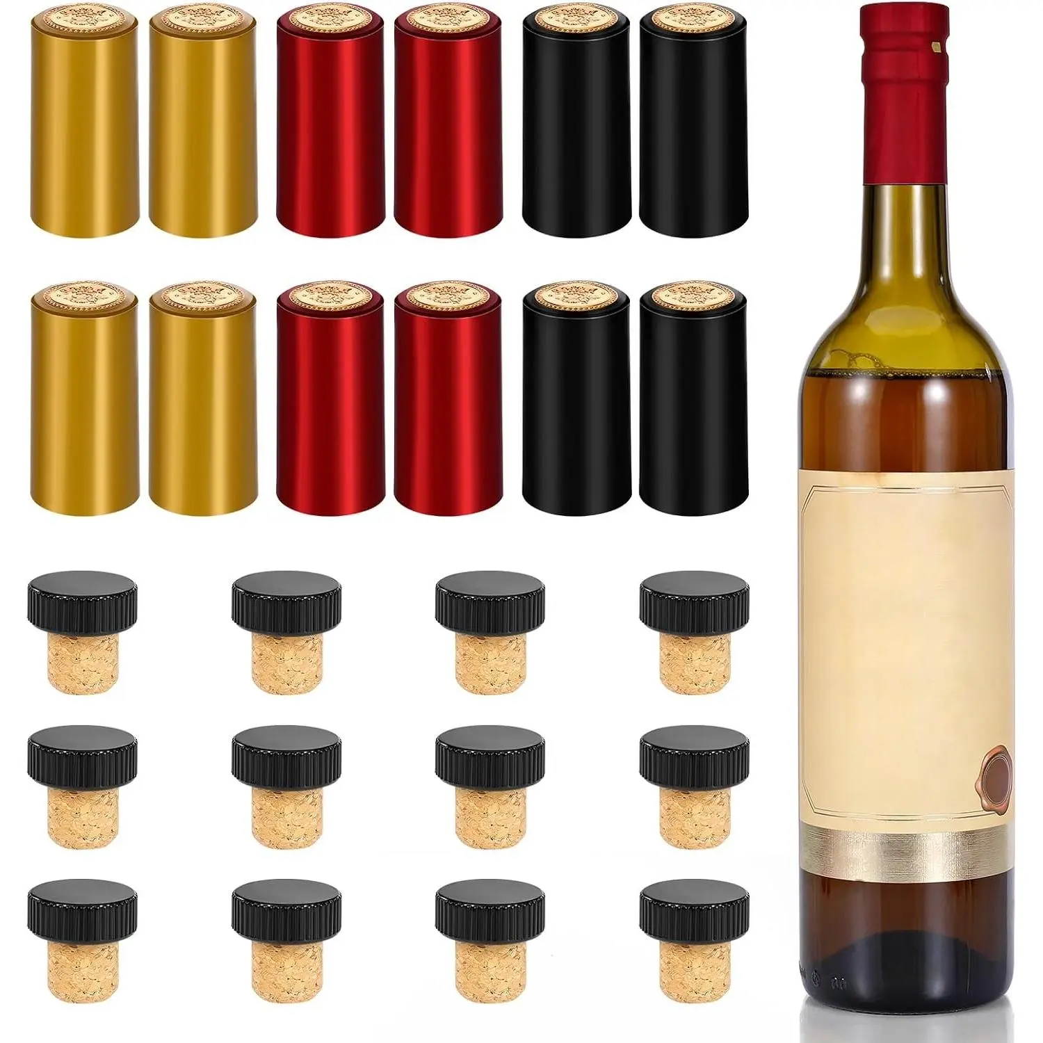 30 Pcs Wine Sealer for Wine Bottles - Bottle Sealer for Cruise, Plastic Heat Shrink Cap & Wood Cork Stopper with Plastic Top