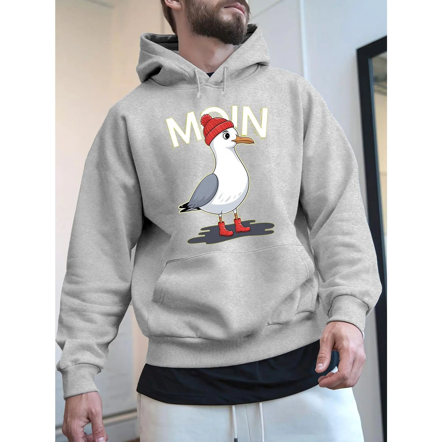 back to school hoodie,New Street Style Seagull Print Hoodie for Men, Soft Cozy Pullover Top for Autumn Winter, Ideal Delicate Gift for Family & Friends, Free Bonus Hoodie Included