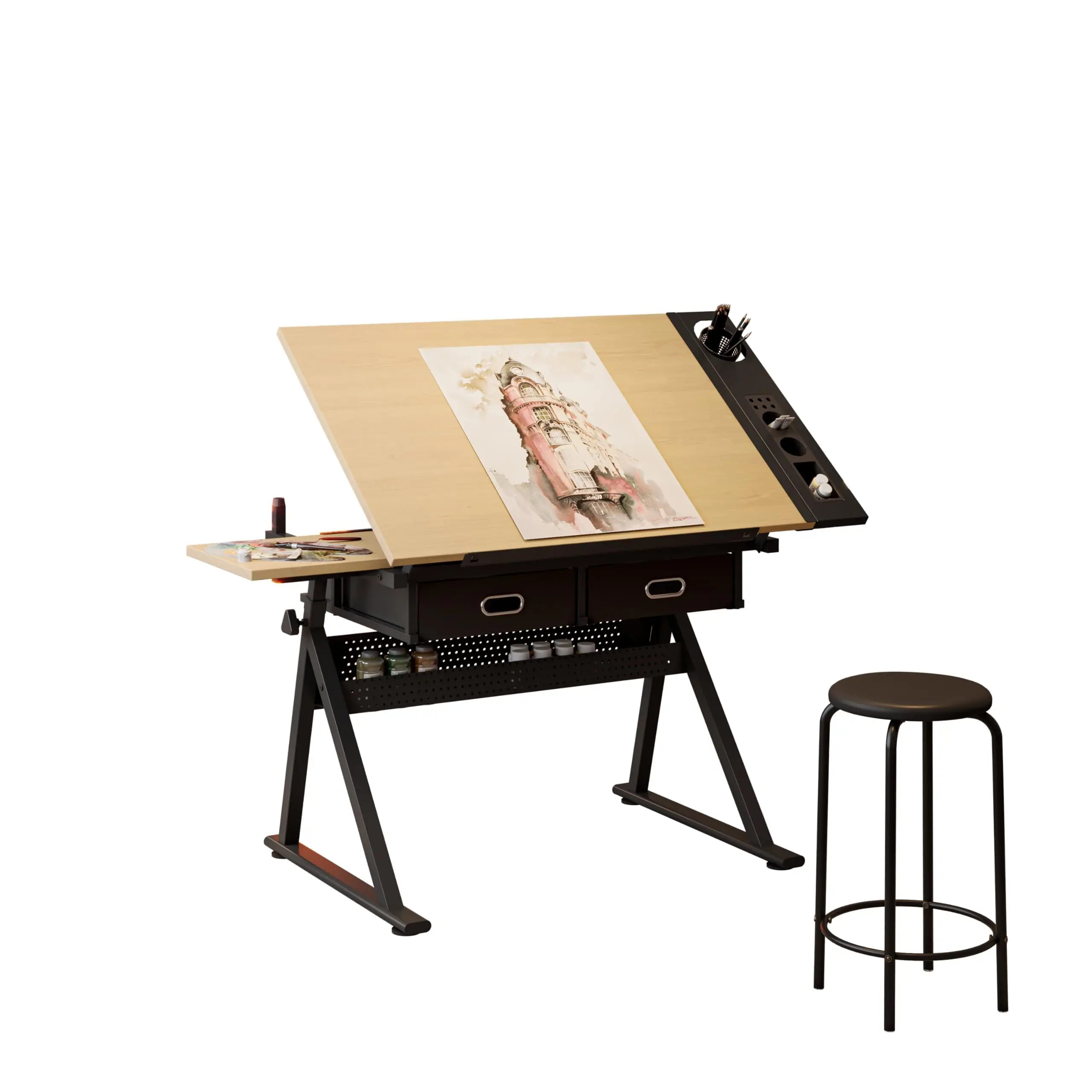 Adjustable Drawing Table with Stool – 0-75° Tilt, Height 27-35.8" – 2 Drawers & Storage Tray – for Artists/Designers/Students – 38.6×23.6"