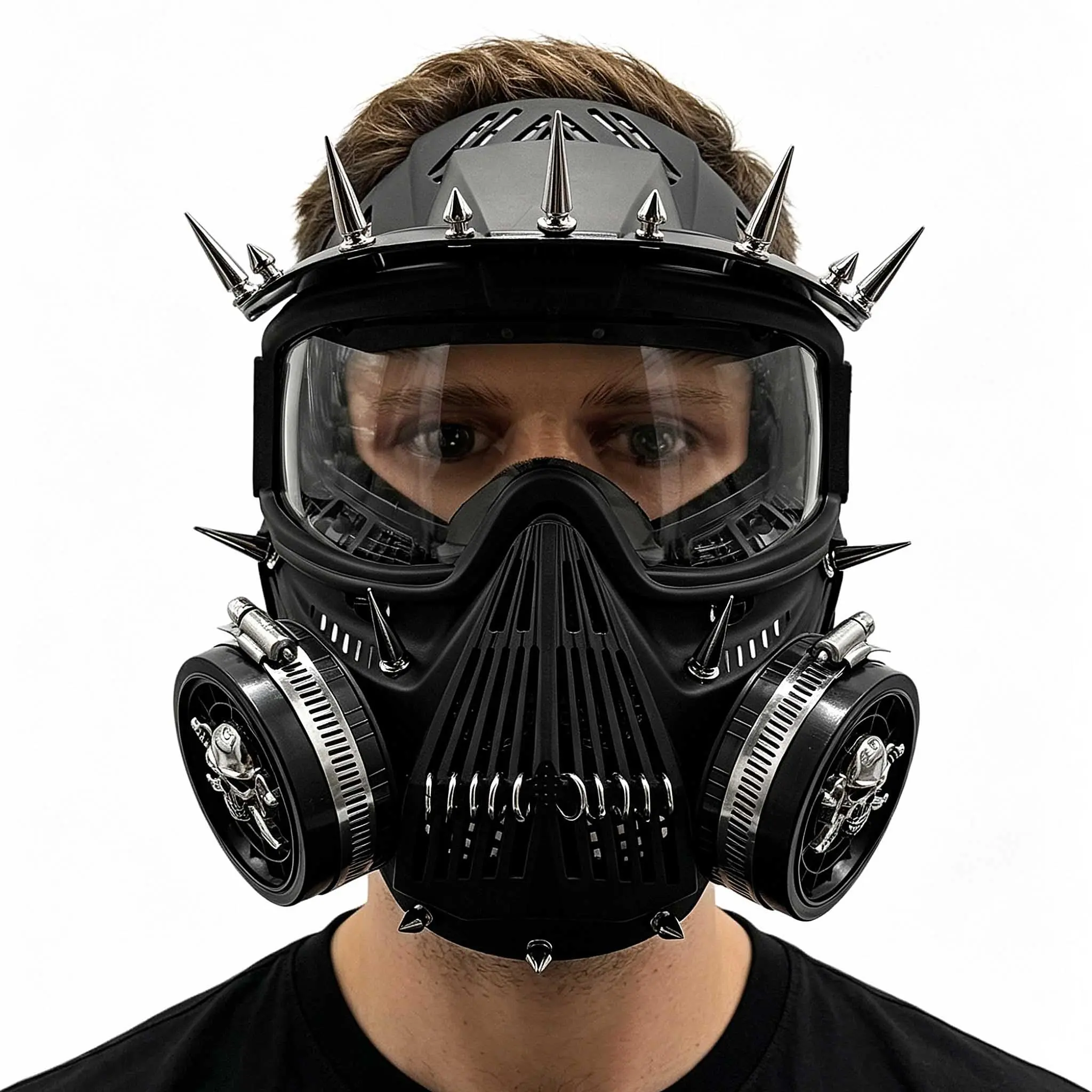Steampunk Gothic Spiked Gas Mask with Goggles, Punk Skull Cosplay Face Mask, Anti-Fog Lens, Black Respirator Mask for Halloween, Cosplay, Rave Party
