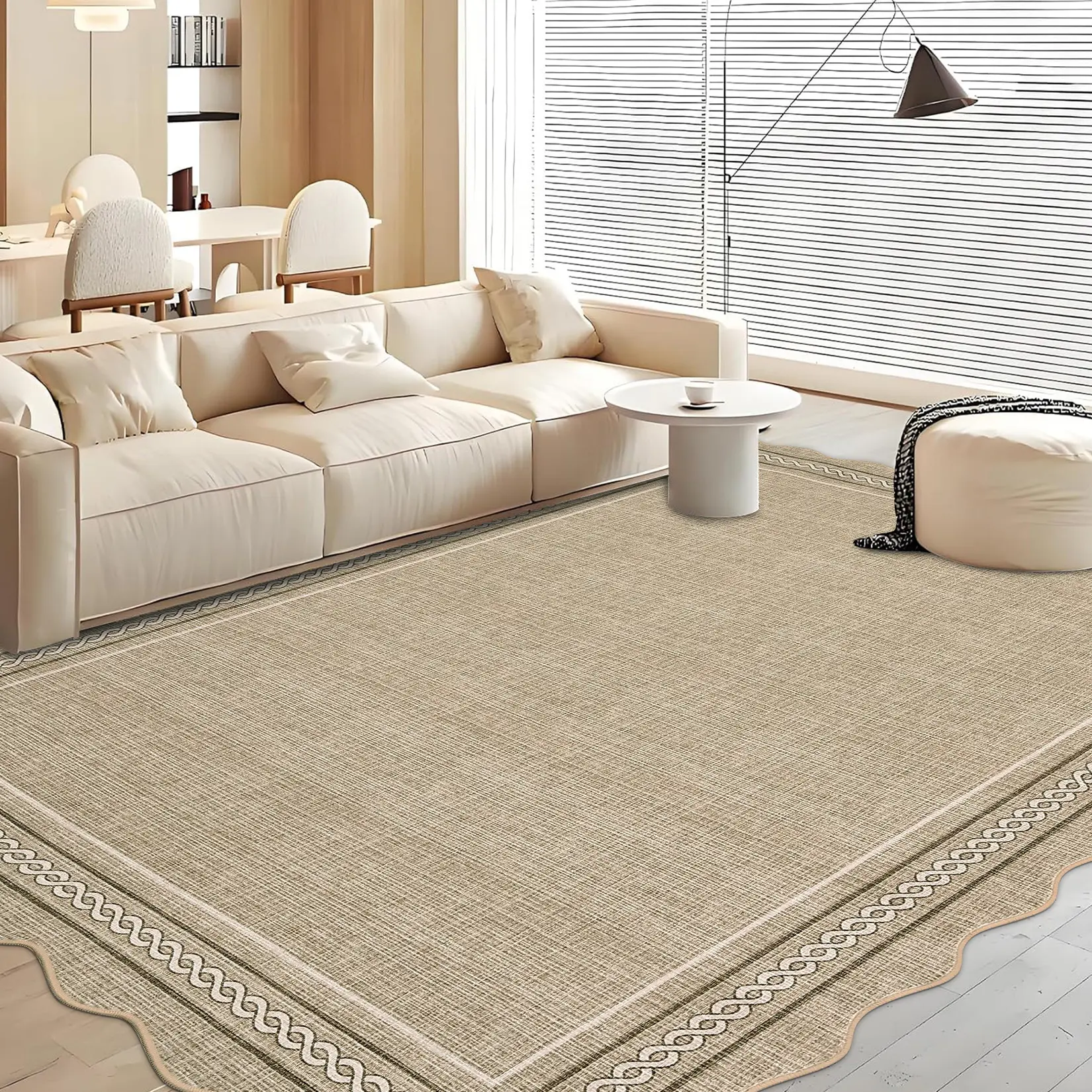 Washable Scalloped Solid Rugs for Living Room Bedroom, Indoor Modern Soft Low Pile Area Rug for Nursery Playroom Minimalist Contemporary Large Throw Carpet for Dining Room Office