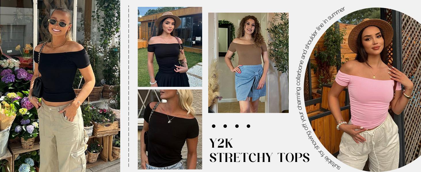Womens Off The Shoulder Tops Summer Short Sleeve Slim Fit T Shirts Sexy Y2k Going Out Crop Tops
