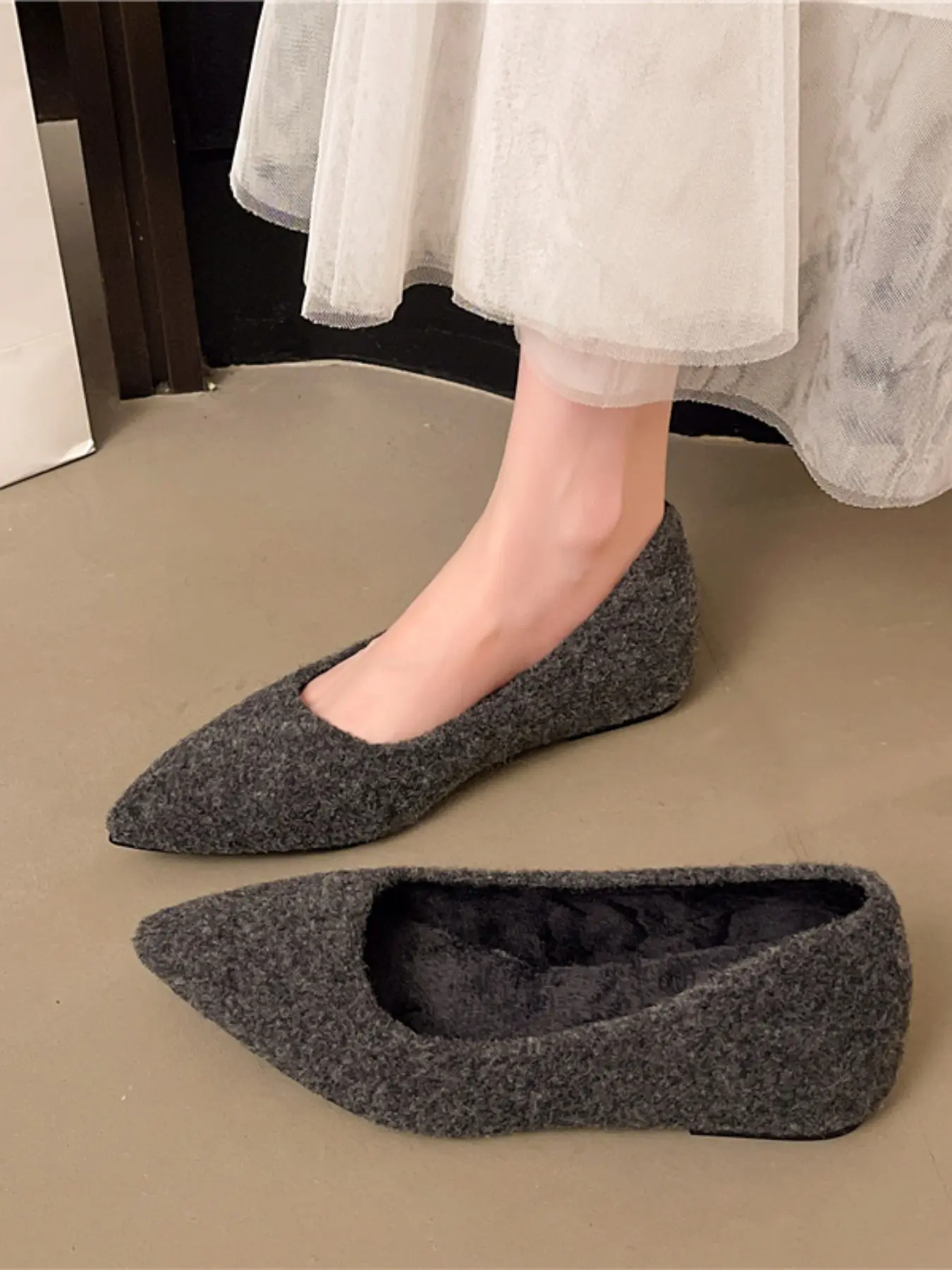 Women's Fall Winter Pointed Toe Slip-On Shoes, Faux Fur Lining, Warm Plush Interior, Invisible Heel, Casual Daily Wear