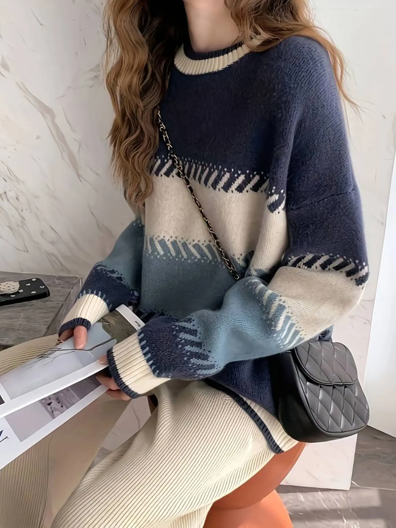 New Fashion Korean Round Neck Long Sleeve Striped Colorblock Women's Knit Sweater, Loose Fit Casual Knit Top, Office Wear, Date