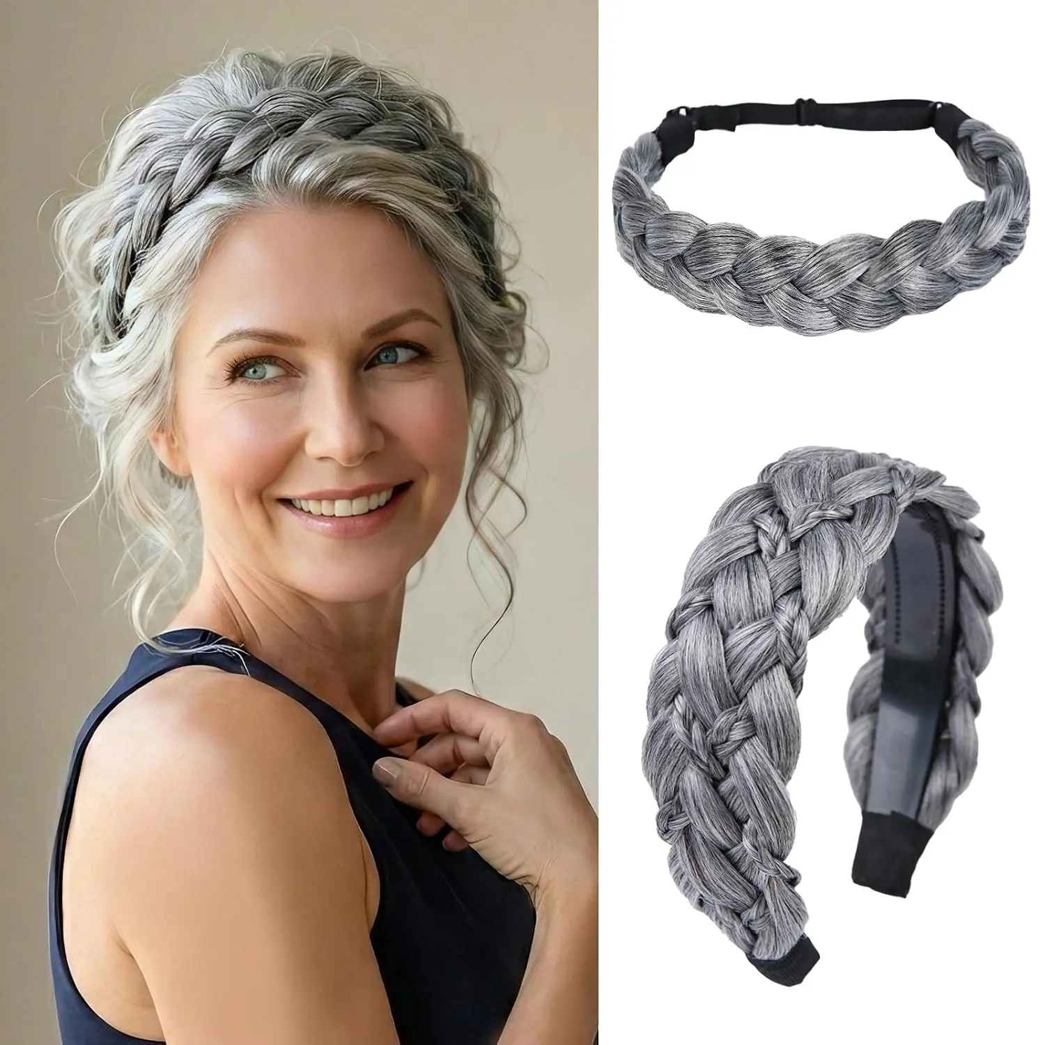 Braided Headband Set for Women | Braid Headband with  & Matching Elastic Braids Hairband in Gray | 2 count Non-Slip Hair Accessories for Yoga, Work, Everyday Use