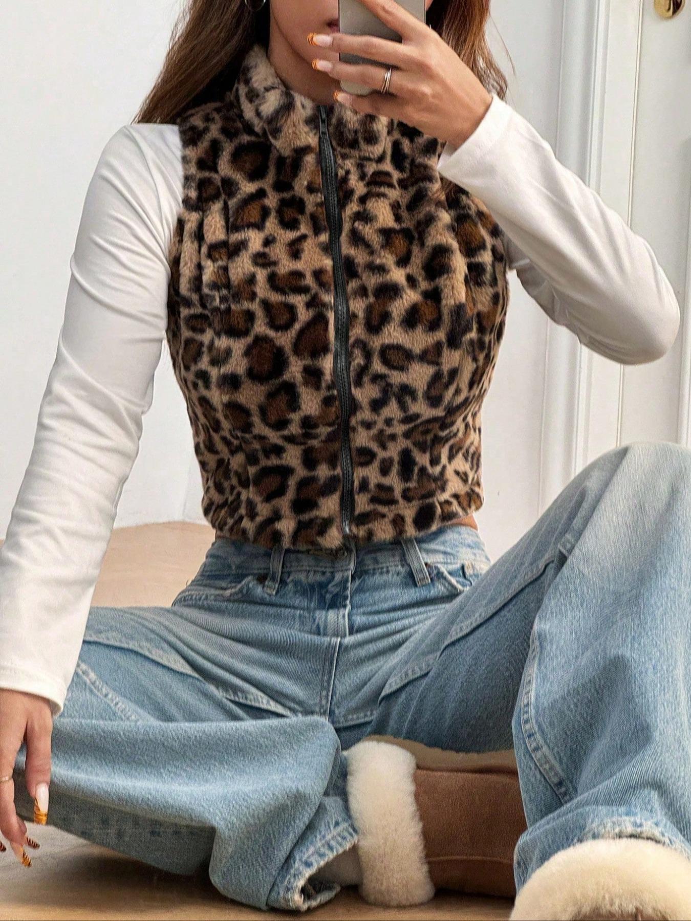 Women's Leopard Print Zip Up Crop Vest Jacket, Casual Sleeveless Stand Collar Soft Plush Outerwear for Fall & Winter, Ladies Clothes for Daily Wear