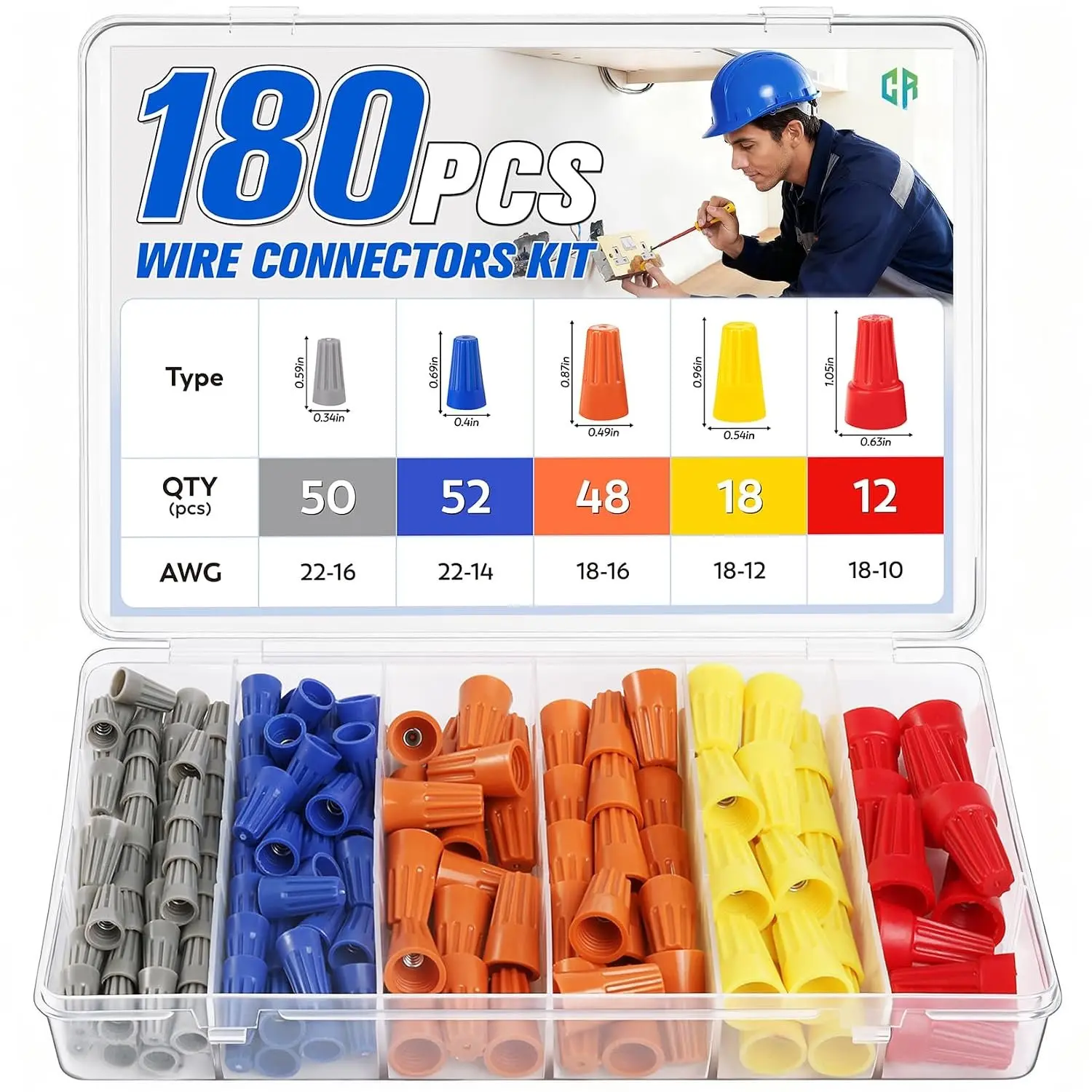 180-Count Nylon Shell Spring Grip Wire Connectors Nuts Kit, Small Electrical Twist-Wire Screw Caps for DIY Projects & Commercial Wiring Applications