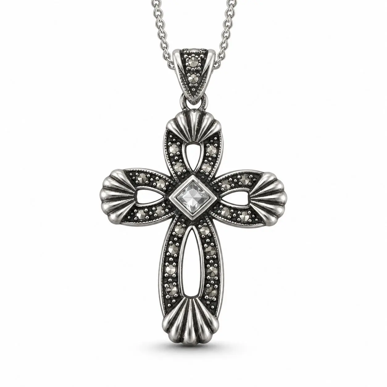 Bohemian Vintage Cross Synthetic Zircon Pendant Necklace, Copper Plated Silver Antiqued Finish Unisex Protective Fashion Jewelry, Spiritual Promise Jewelry, Gift For Her On Valentine’s Day, Anniversary And Religious Themed Formal Date Occasions