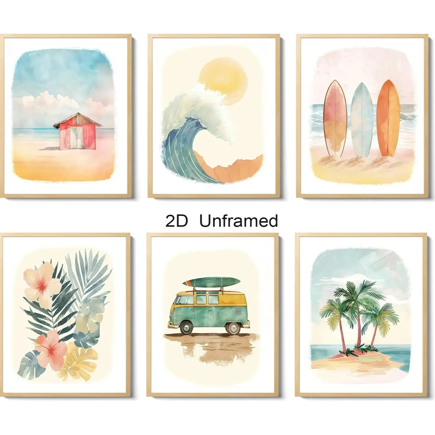 6-Piece Set: Beach-Themed Parenting Posters, Ocean-Themed Children's Wall Art, Watercolor Summer Surf Wall Decor, Beach-Style Boys' Room Decor, Fun Teenage Coastal Surfboard Canvas Prints, Aesthetic Style, Frameless