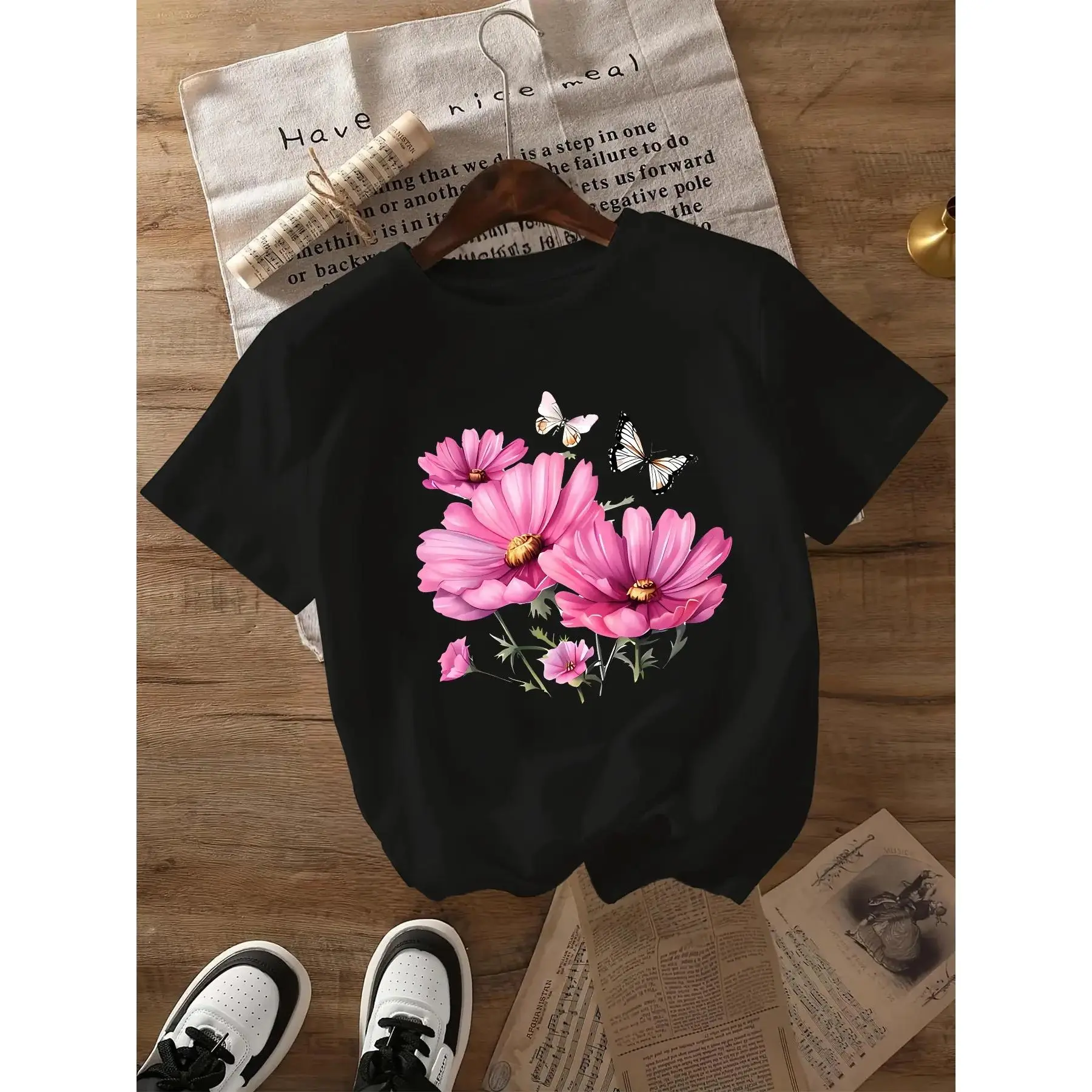 Women's Black Cotton Tshirt - Plus Size Tops Casual Short Sleeves Round Neck, Pink Flower & Butterfly Detail Nature Theme, Machine Washable Everyday Well-Fitting Womenswear, Sohochic