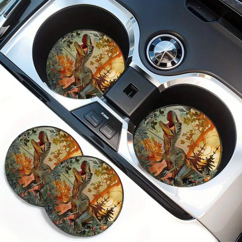 2-Pack EVA Car Cup Holder Coasters - Colorful Dinosaur Design, Non-Slip Vehicle Drink Mats, Durable Interior Accessories