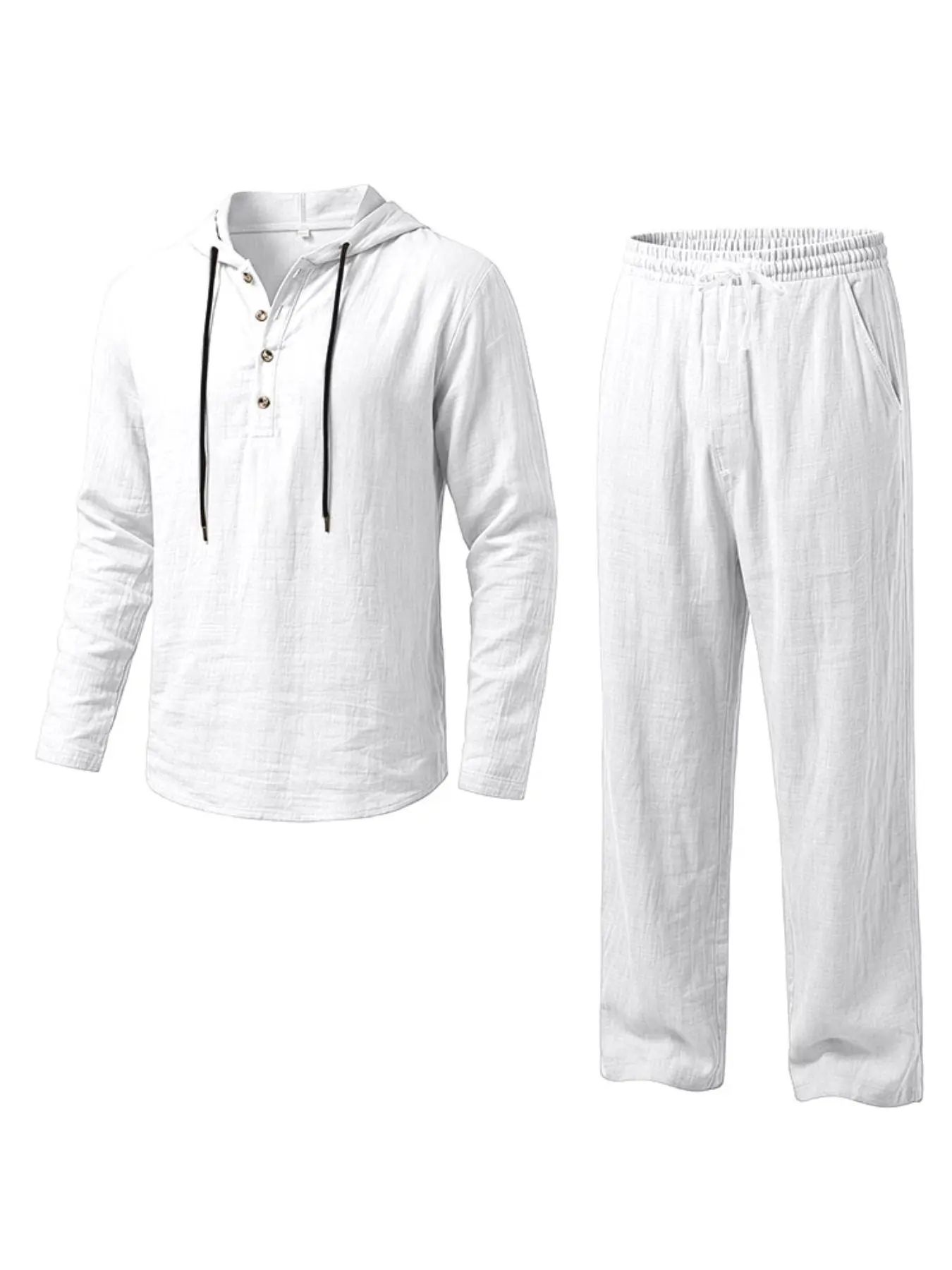 Men's Linen Casual Two-Piece Set, Four-Button Hooded Long Sleeve Shirt, Elastic Waist Straight Leg Pants, Spring & Fall