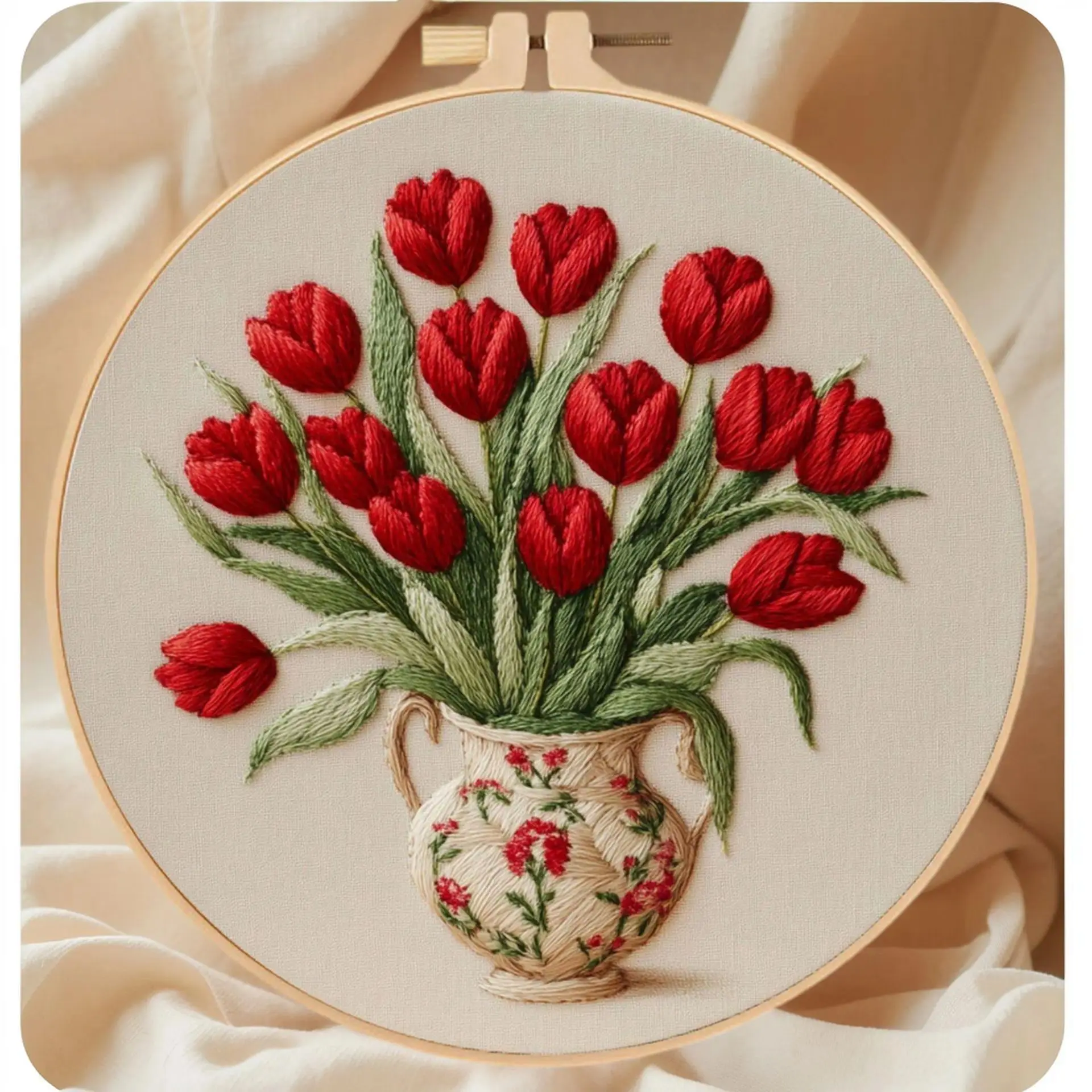 Red Flower Cross Stitch Kit, DIY Embroidery Starter Set with Vase Pattern, Beginner-Friendly Needlework Craft Supplies, Easy Sewing Project with English Guide for Home Decor, Relaxing Hobby Gift for Adults