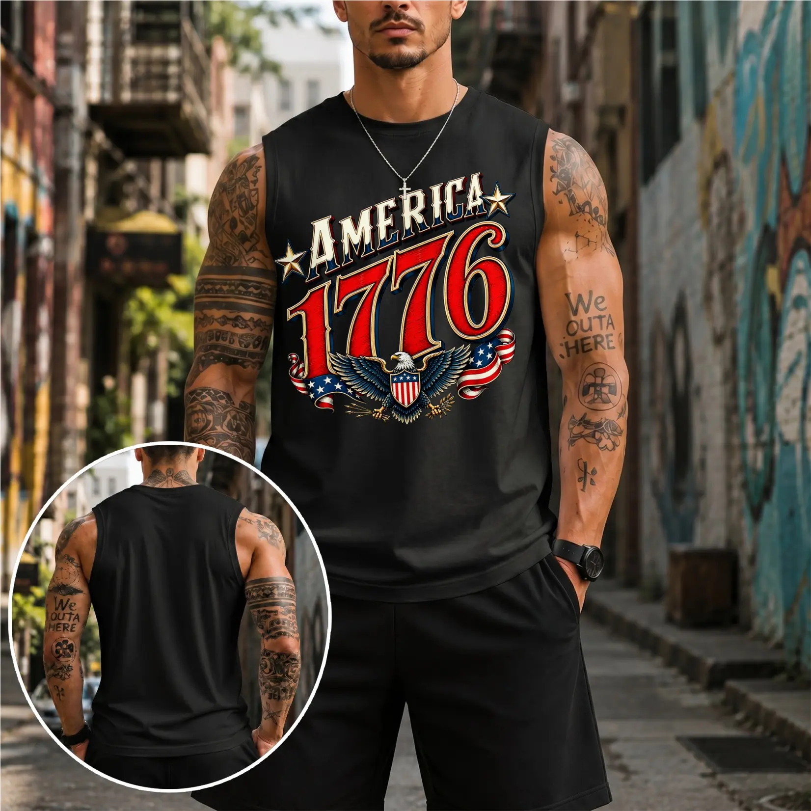 Men’s 100% Cotton Round Neck (Crew Neck) Sleeveless Retro Graphic Tank Top - Soft Breathable Outdoor Fabric, Loose Fit Muscle Vest, 1776 Patriotic American Flag & We the People Print, for Travel, Daily Wear, Menswear Undershirt
