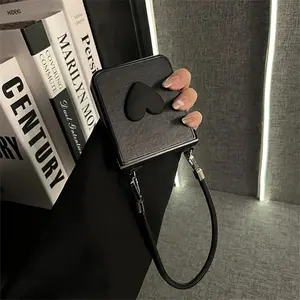 Luxury Dermatoglyph Love Heart Black Phone Case with Leather Strap for Samsung Galaxy Z Flip 7 FE Z Flip6 Flip7 ZFlip 5 Zflip6