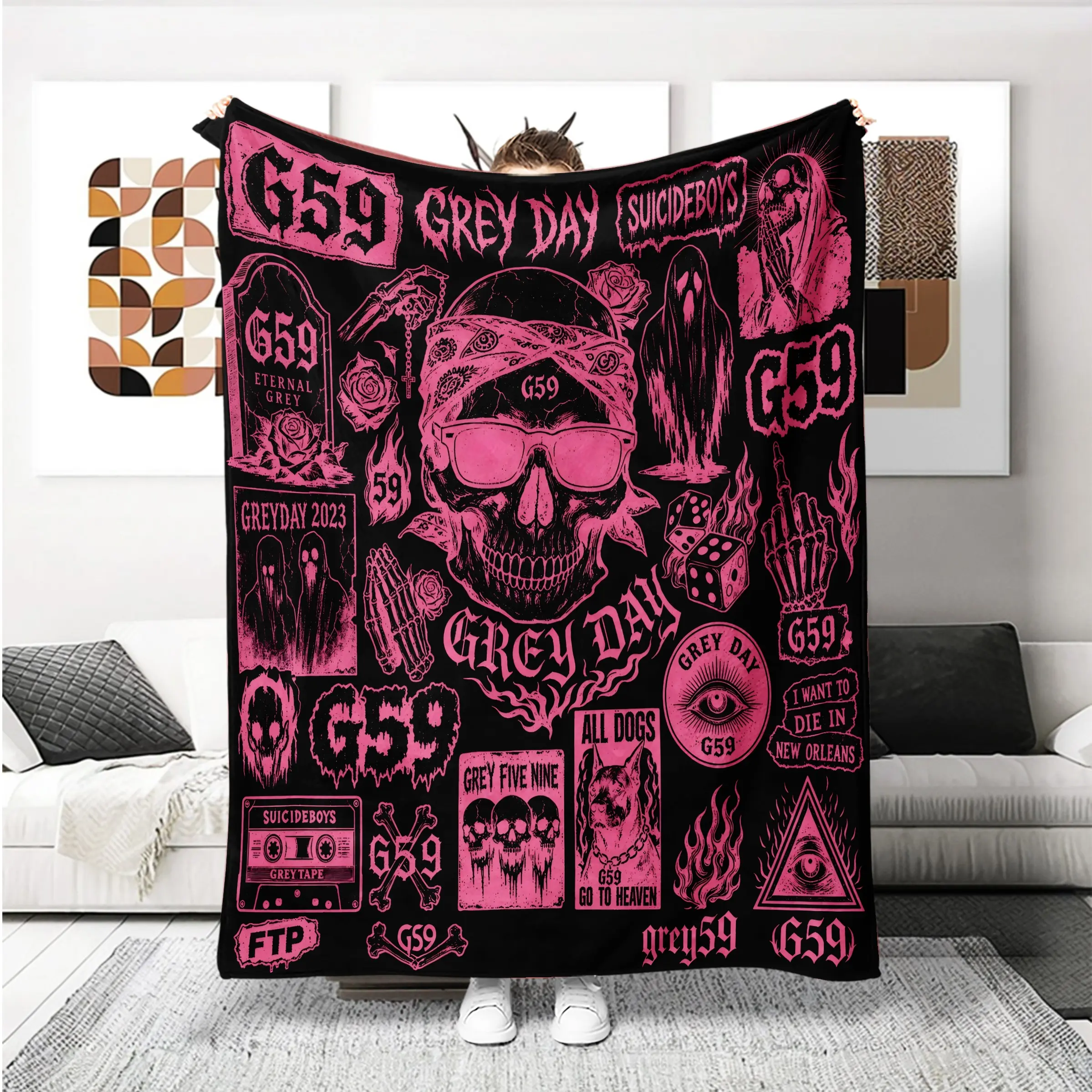 Suicideboys Grey59 Skull Skeleton Print Flannel Blanket, Goth Emo Alt Streetwear, Soft Warm Throw for Bedroom Sofa, Birthday Gift